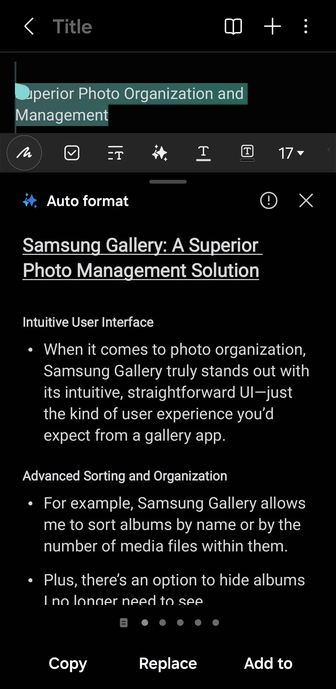 Menu định dạng tự động trong ứng dụng Samsung Notes