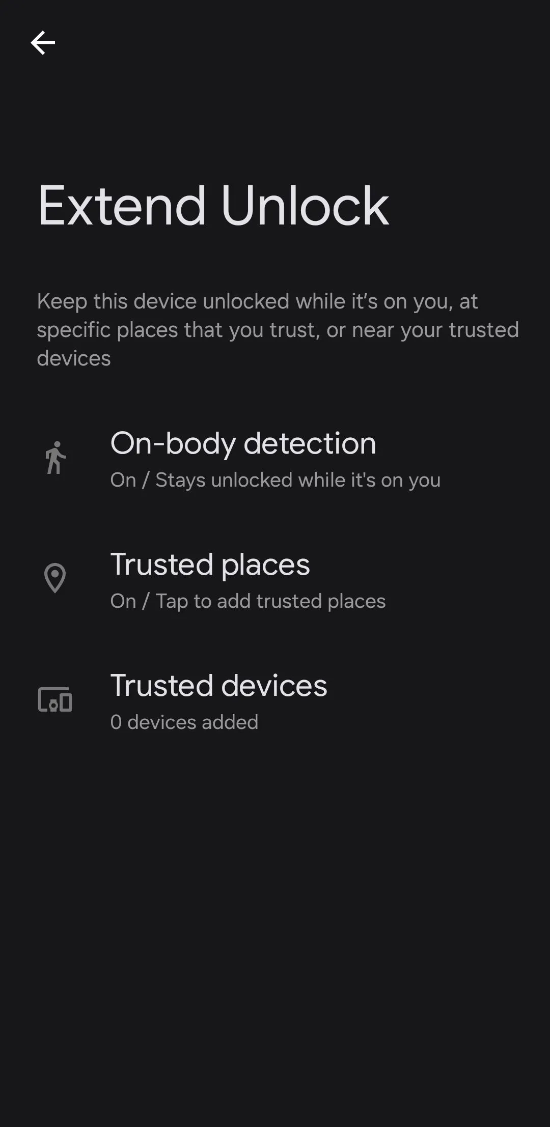 Menu Extend Unlock trên điện thoại Android, hiển thị các tùy chọn mở khóa thông minh