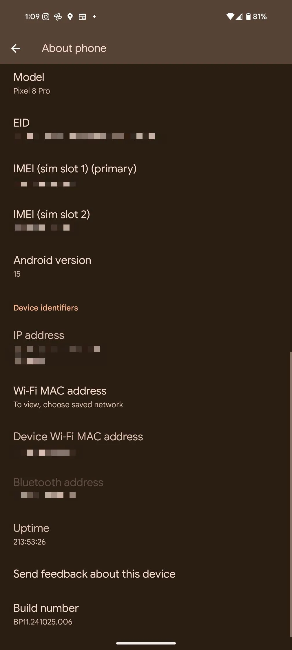 Menu Giới thiệu điện thoại trên Pixel 8 Pro hiển thị số bản dựng