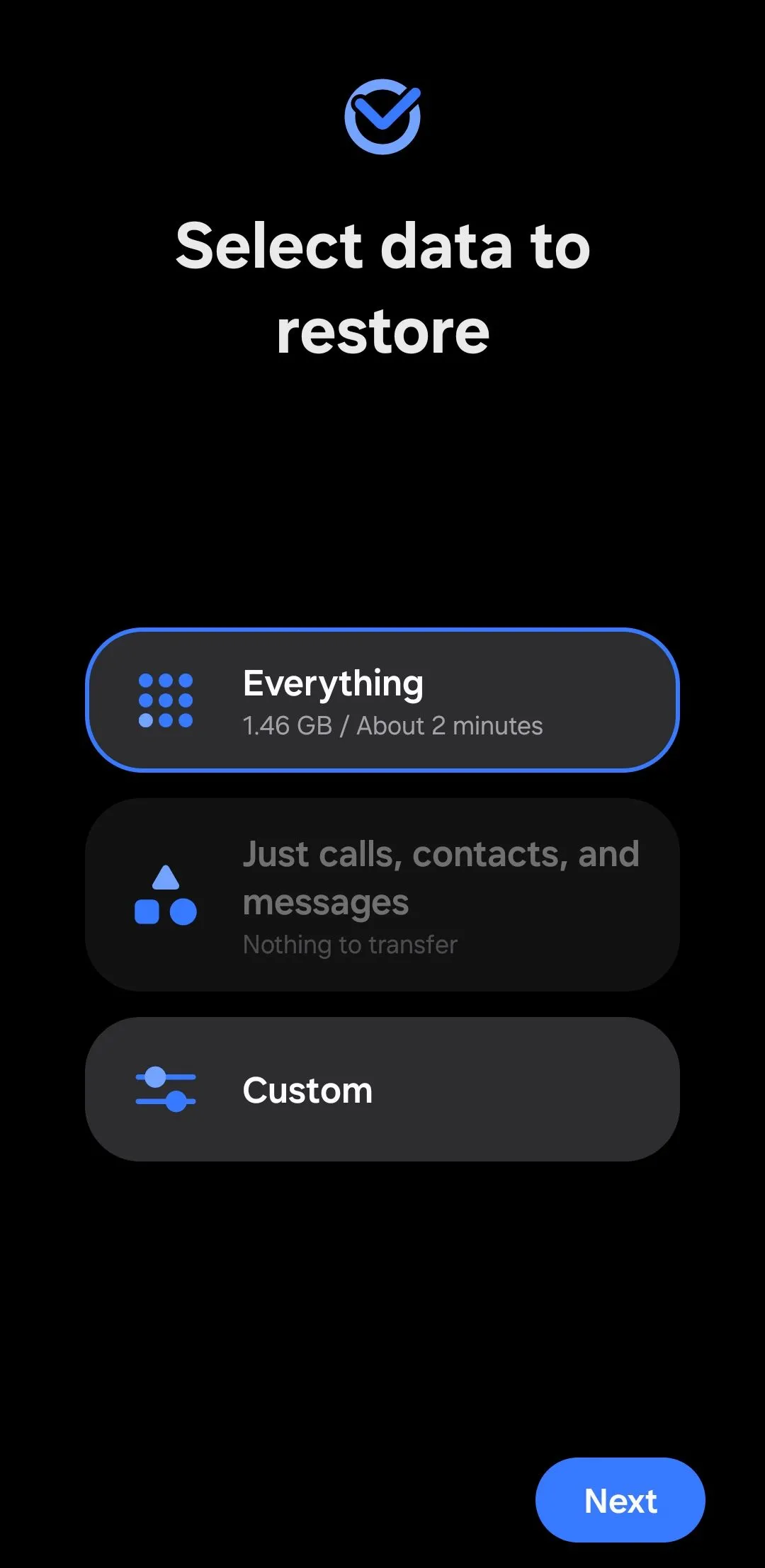 Menu lựa chọn dữ liệu cần khôi phục trên điện thoại Samsung Smart Switch