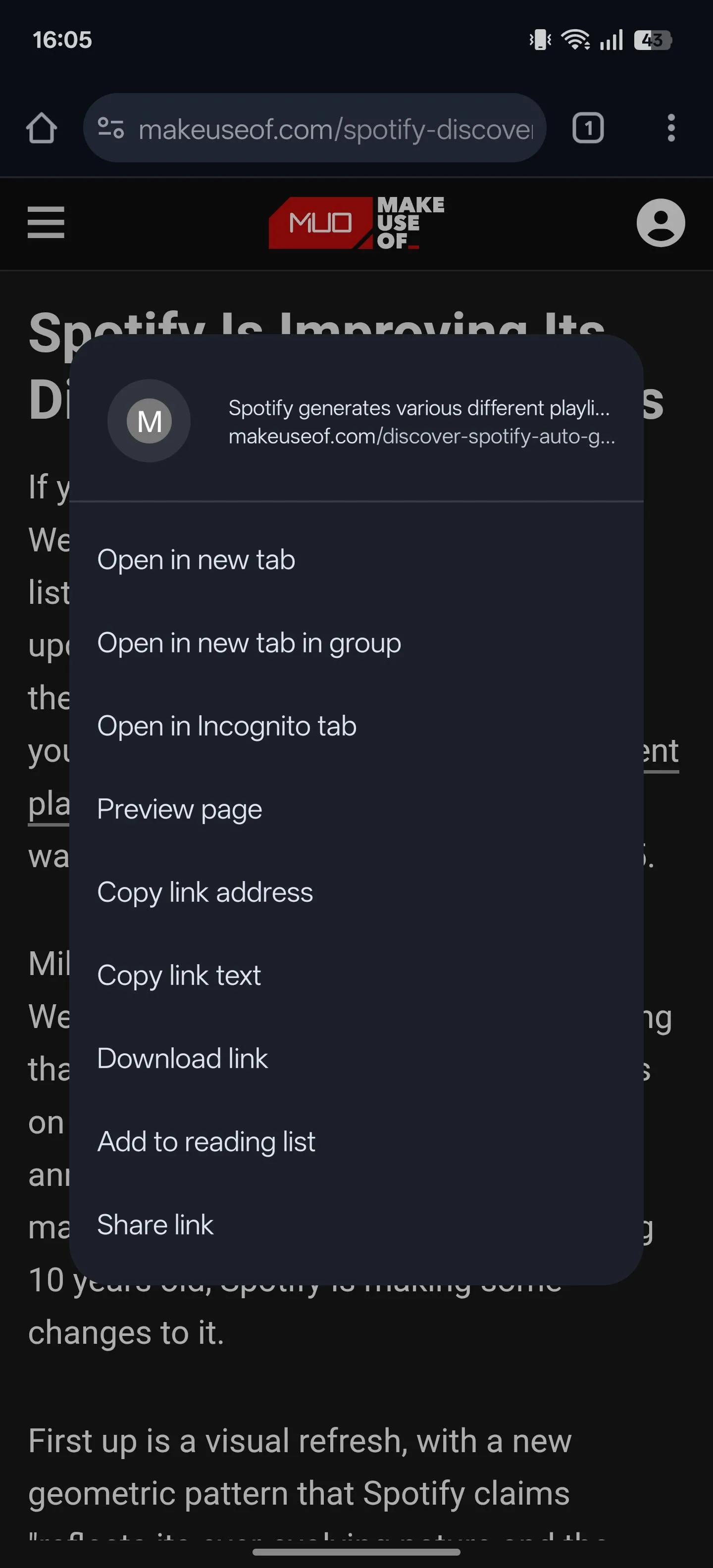 Menu ngữ cảnh hiển thị khi nhấn giữ vào một liên kết trong Chrome Android, với tùy chọn &quot;Xem trước trang&quot;.