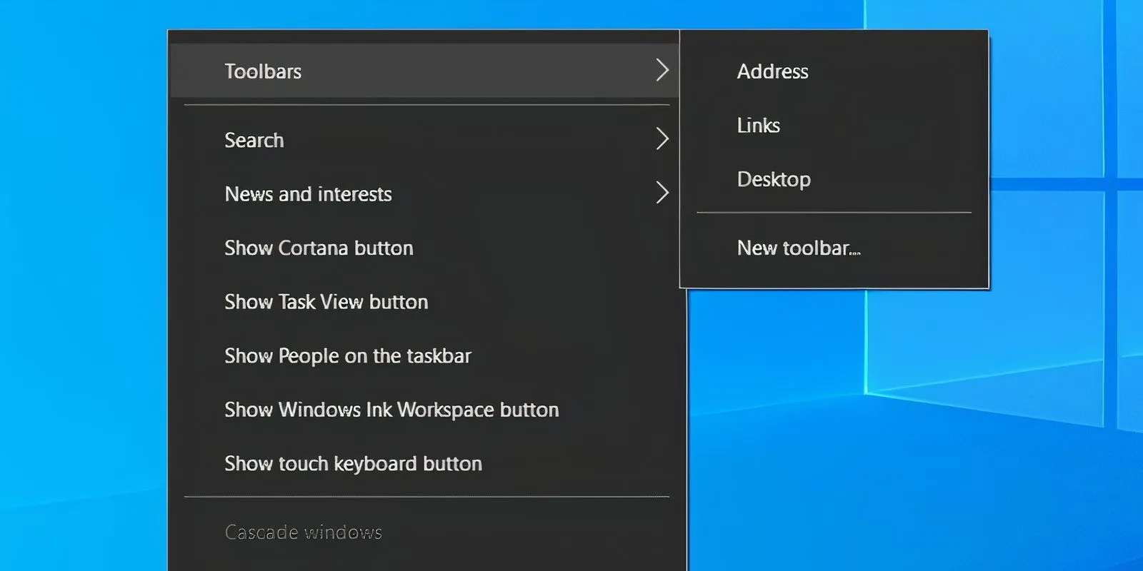 Menu ngữ cảnh Taskbar Windows 10 với tùy chọn Thanh công cụ Links