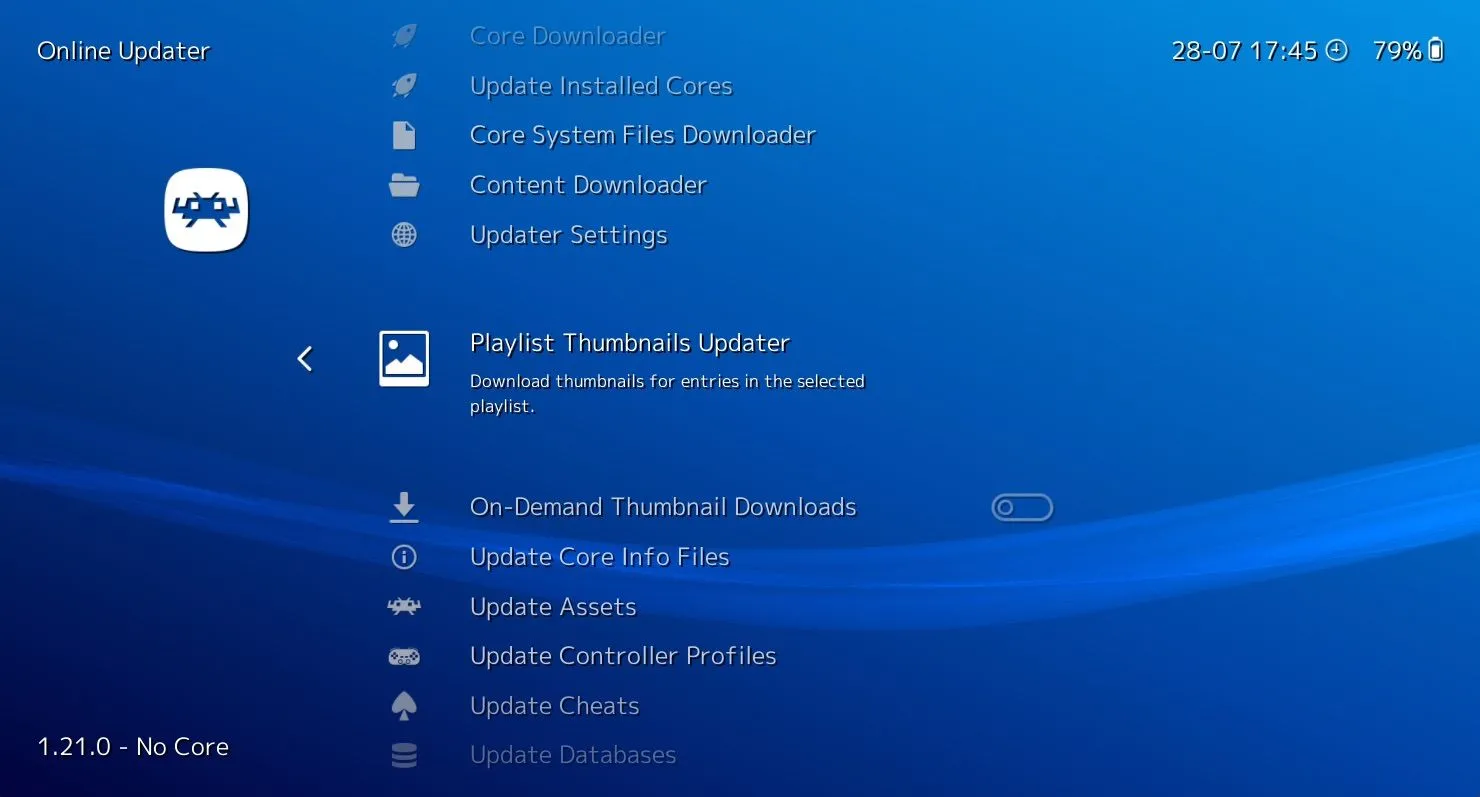 Menu Online Updater của RetroArch hiển thị tùy chọn tải hình thu nhỏ (thumbnail) cho game, giúp thư viện game có hình ảnh trực quan.