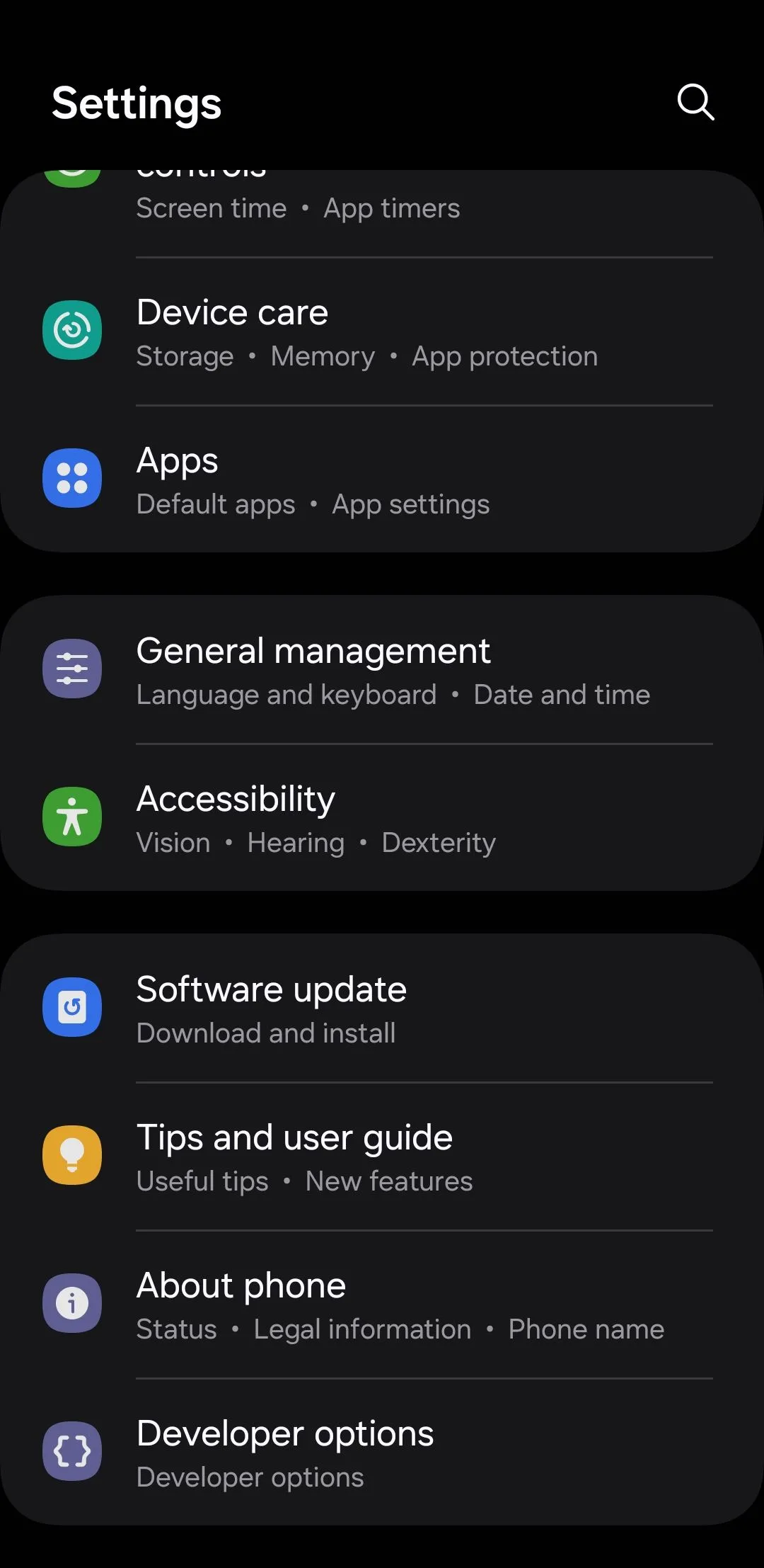 Menu quản lý chung trên điện thoại Android