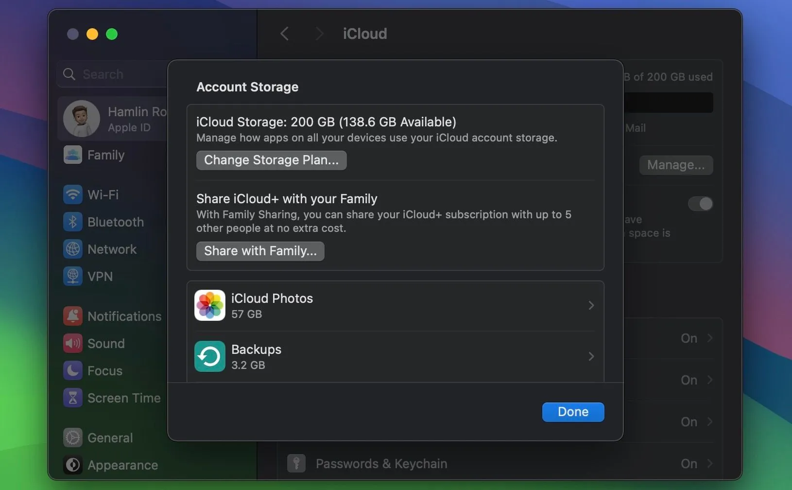 Menu quản lý dung lượng iCloud trên macOS