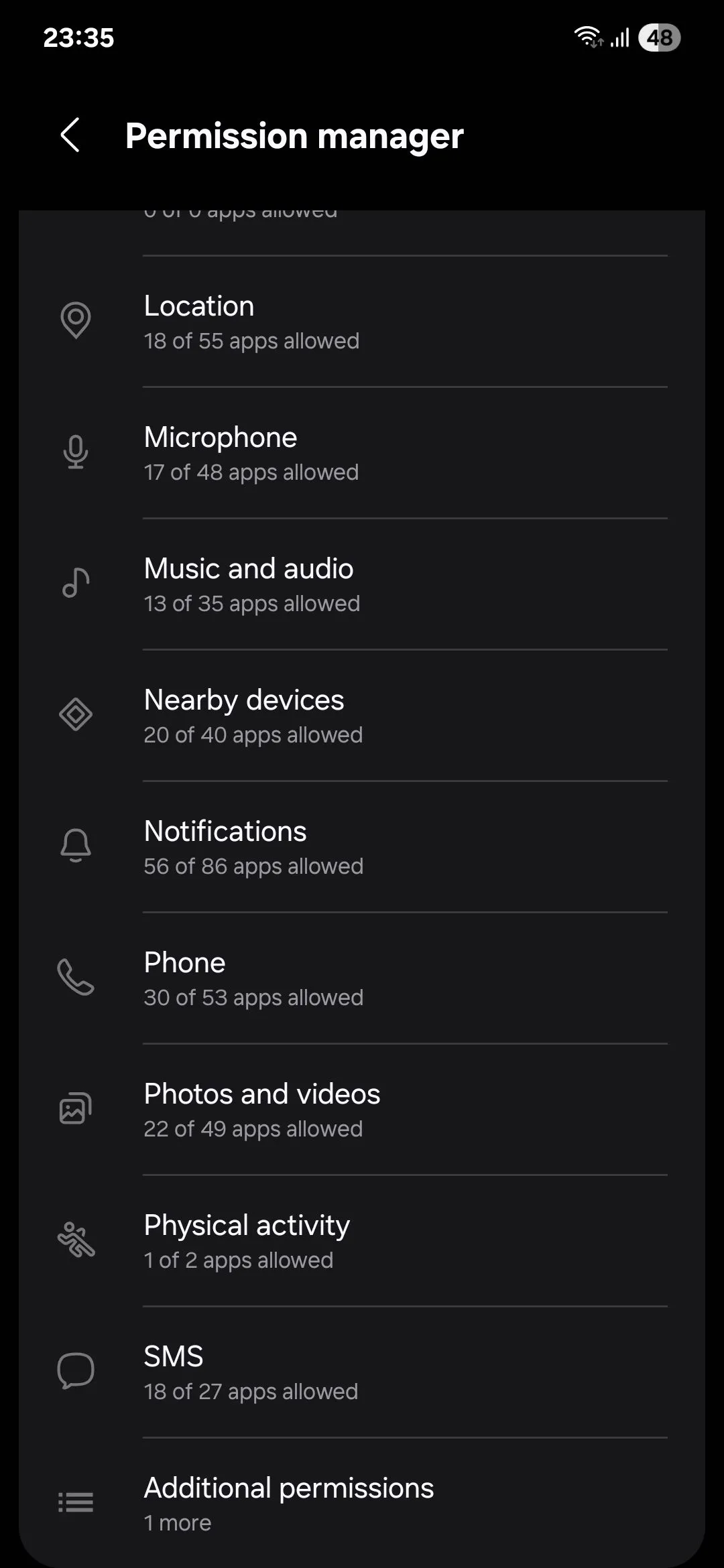 Menu quản lý quyền của Samsung