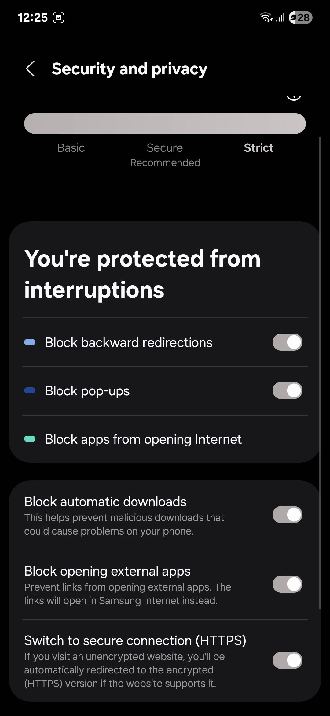 Menu quyền riêng tư của Samsung Internet với các tùy chọn như Chế độ bí mật và Chặn theo dõi