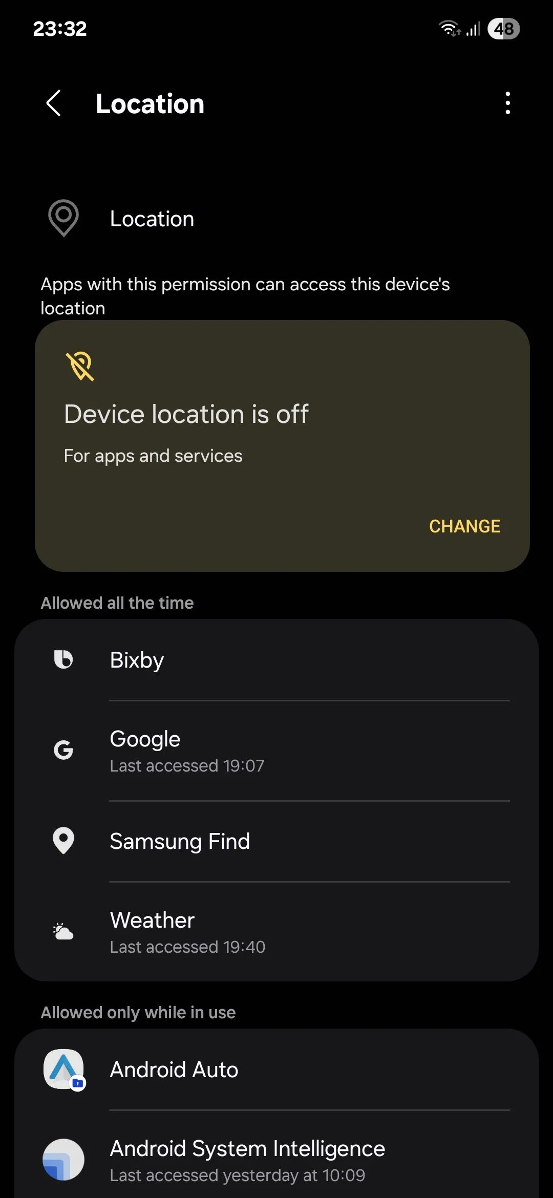 Menu quyền vị trí của Samsung