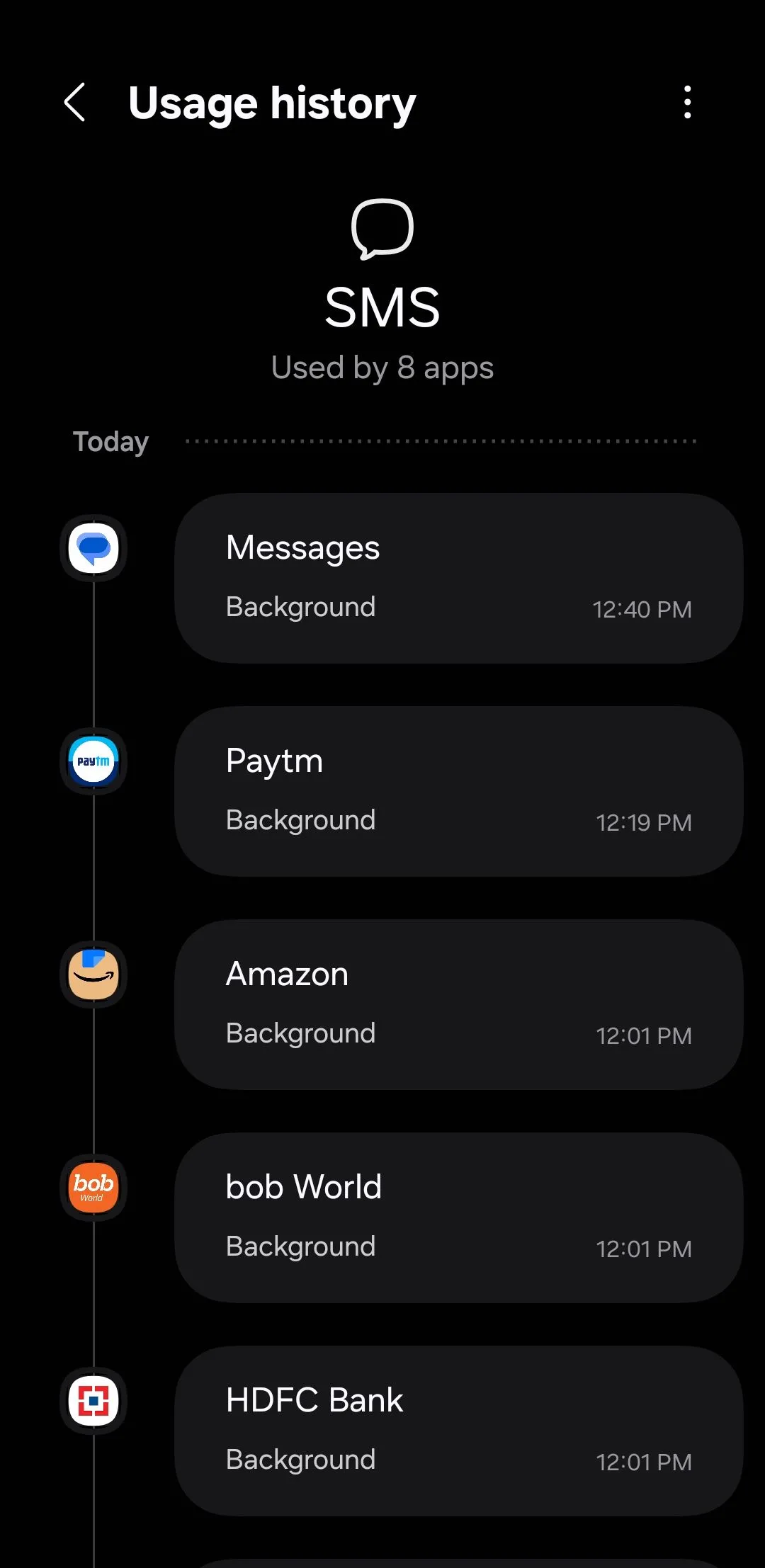 Menu sử dụng quyền SMS trên điện thoại Samsung hiển thị các ứng dụng đã truy cập tin nhắn trong 24 giờ qua