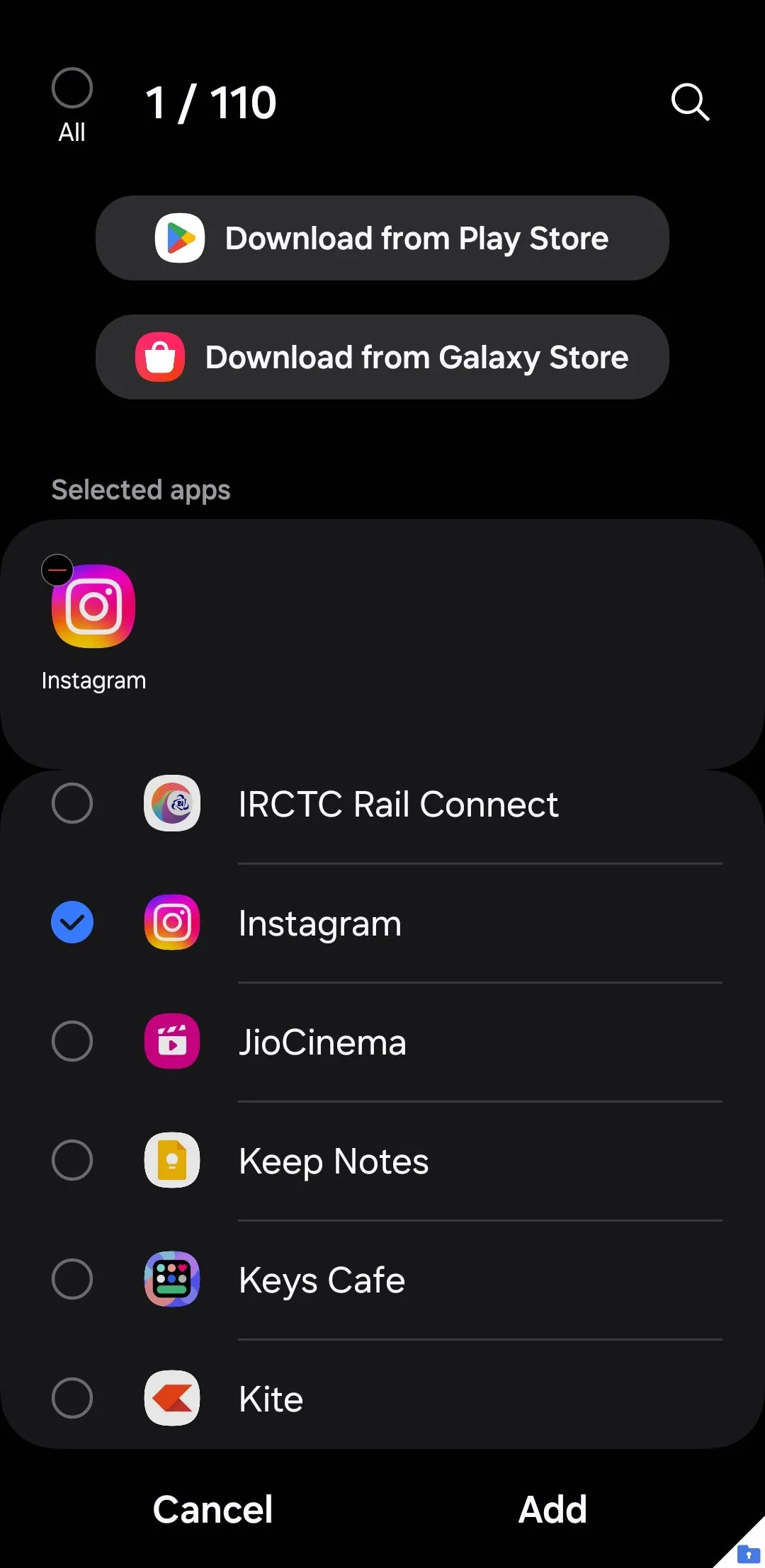 Menu thêm ứng dụng vào Thư mục Bảo mật trên điện thoại Samsung, hiển thị danh sách các ứng dụng có thể nhân bản.
