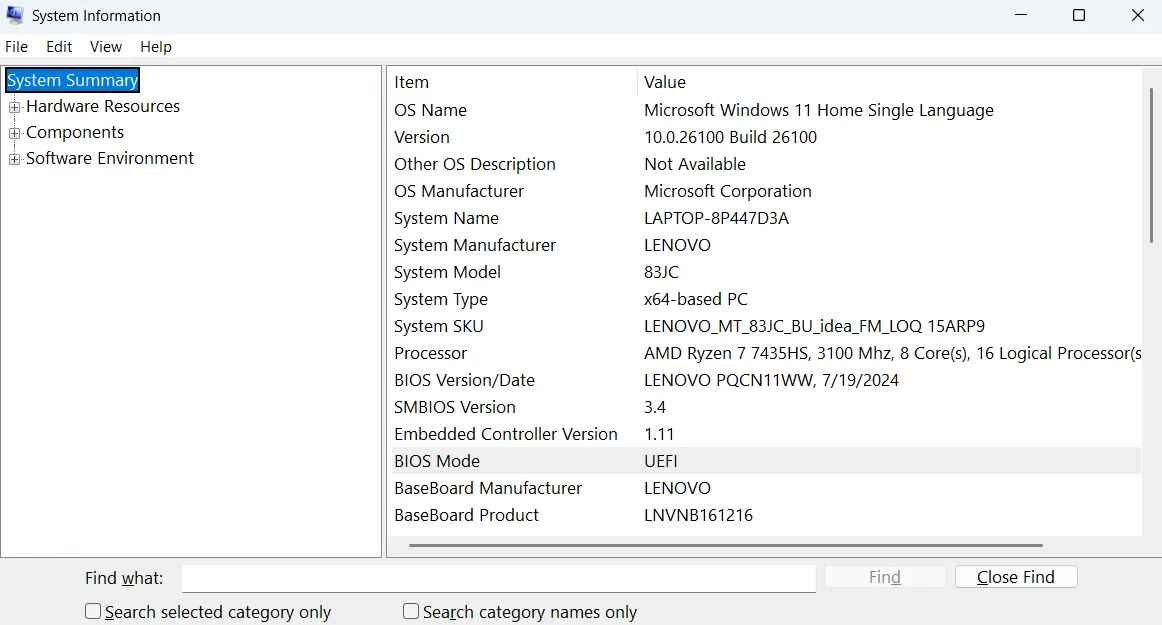 Menu Thông tin Hệ thống (System Information) trên Windows, cung cấp cái nhìn chi tiết về cấu hình phần cứng và phần mềm của PC.