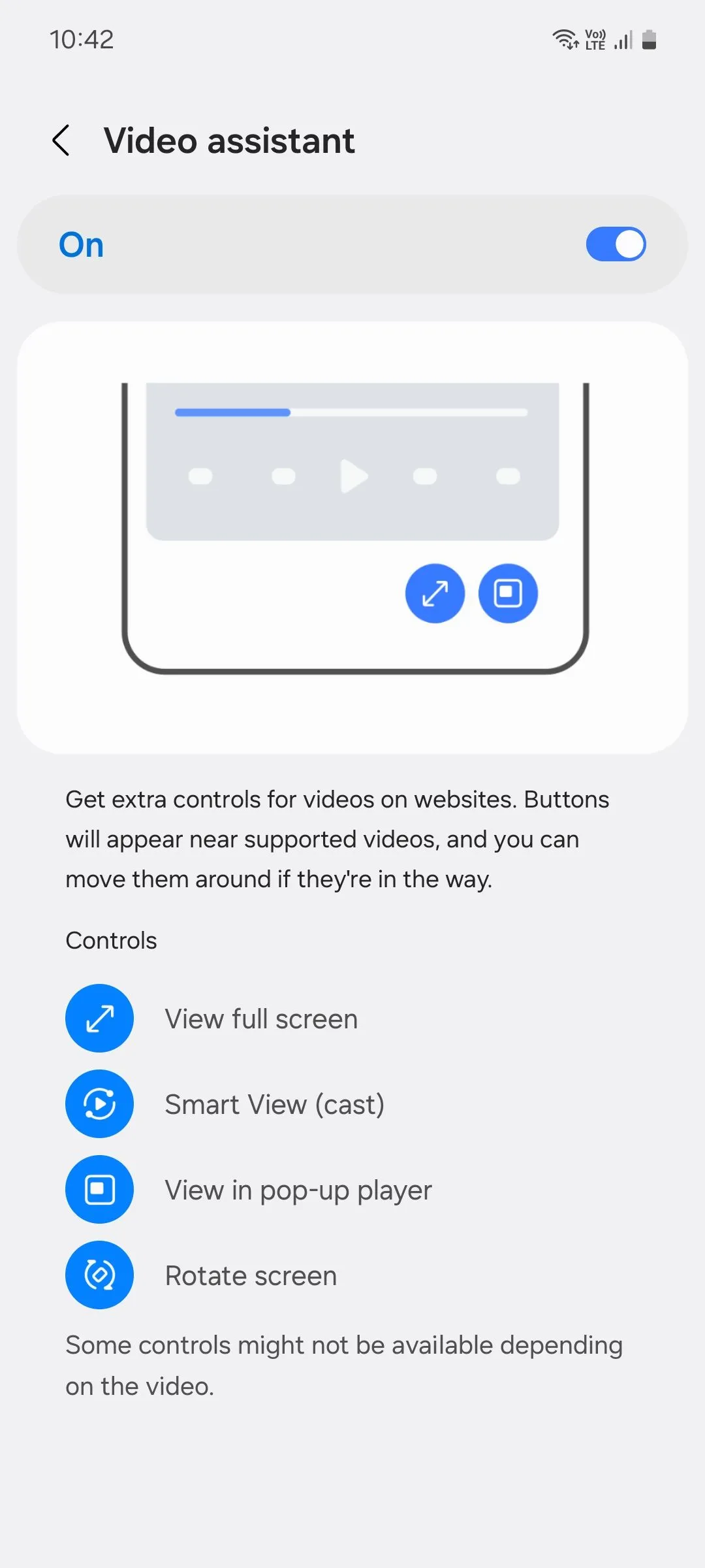 Menu trợ lý video của Samsung Internet hiển thị các tùy chọn phát lại nâng cao.
