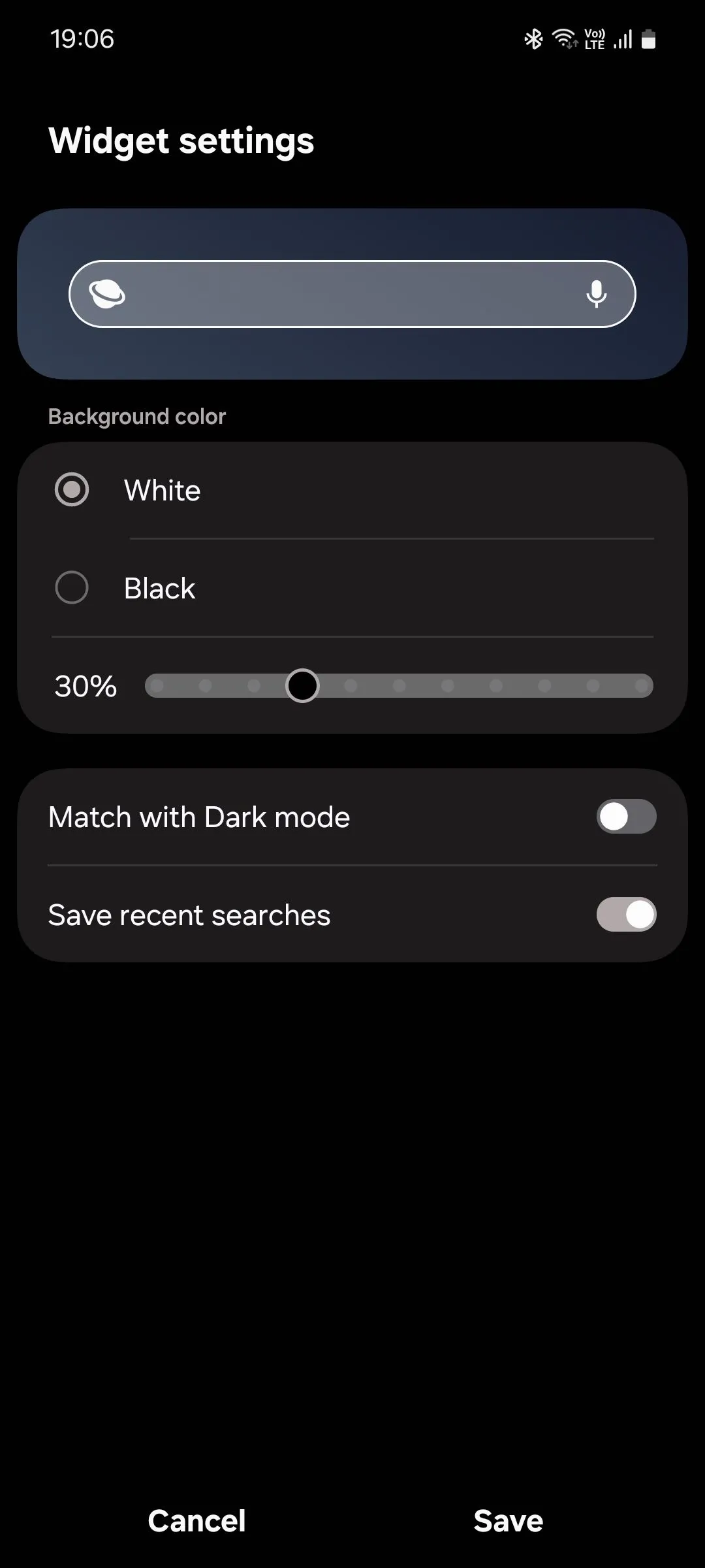 Menu tùy chỉnh widget tìm kiếm Samsung Internet, cho phép người dùng cấu hình hiển thị.