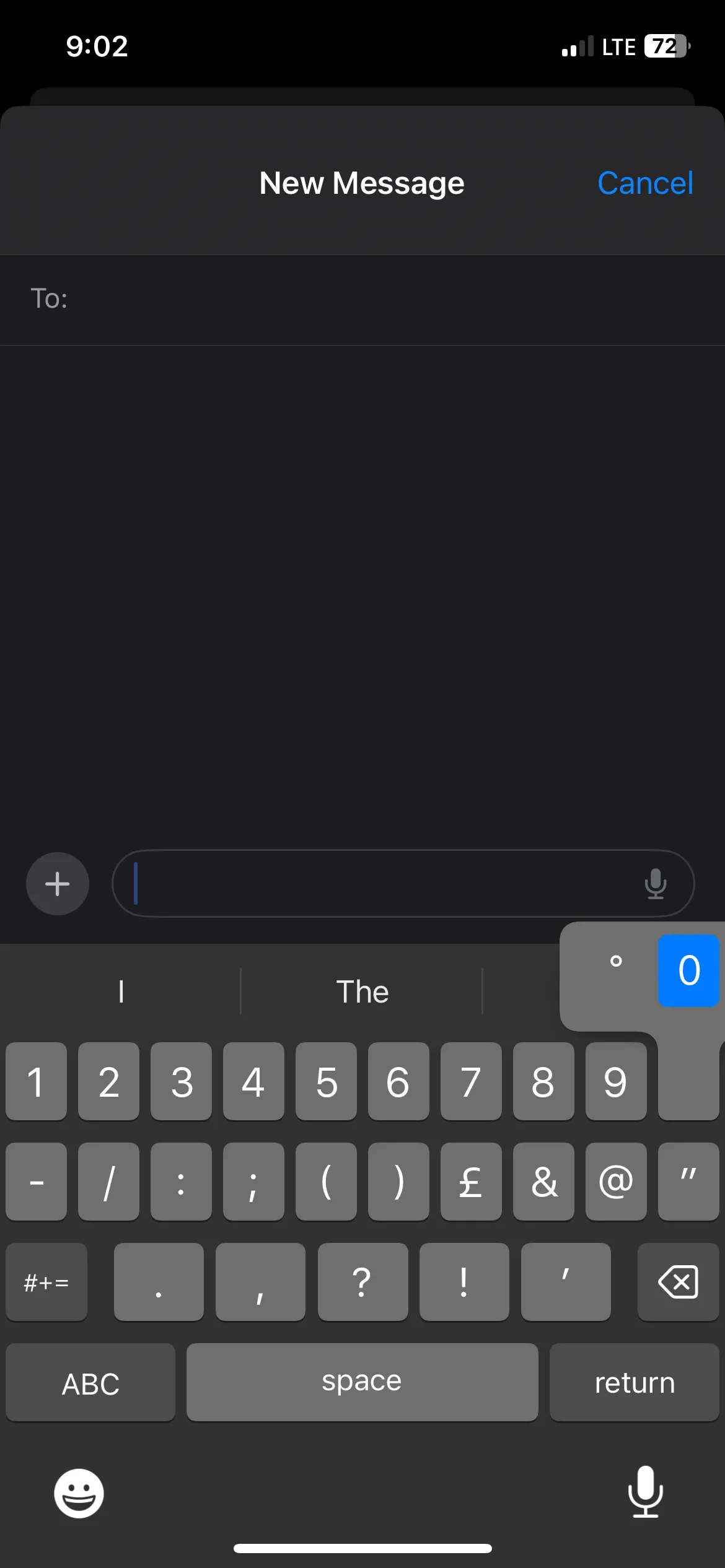 Menu xuất hiện khi nhấn giữ phím số không trên iPhone