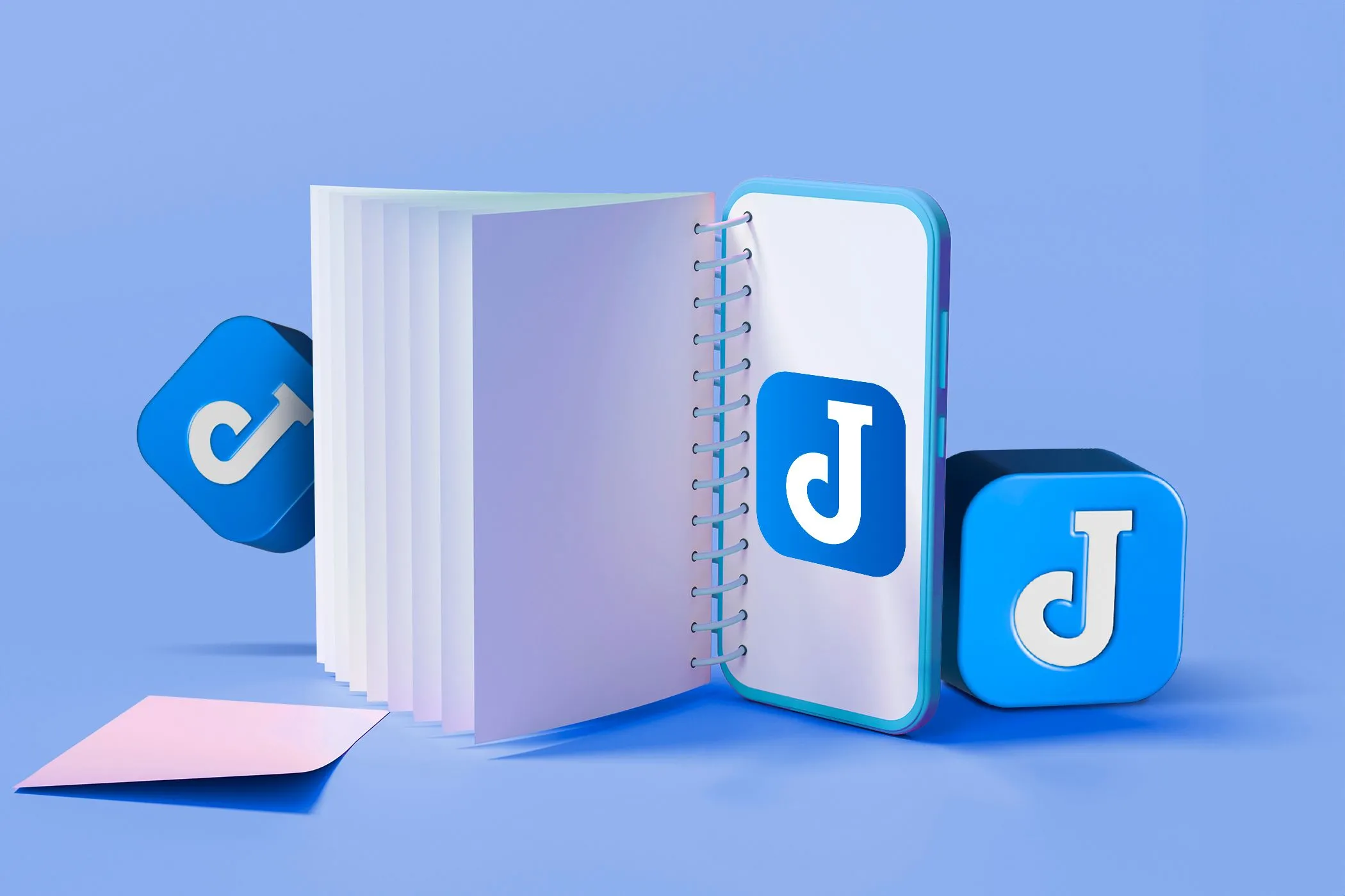 Minh họa 3D điện thoại với trang ghi chú và logo Joplin