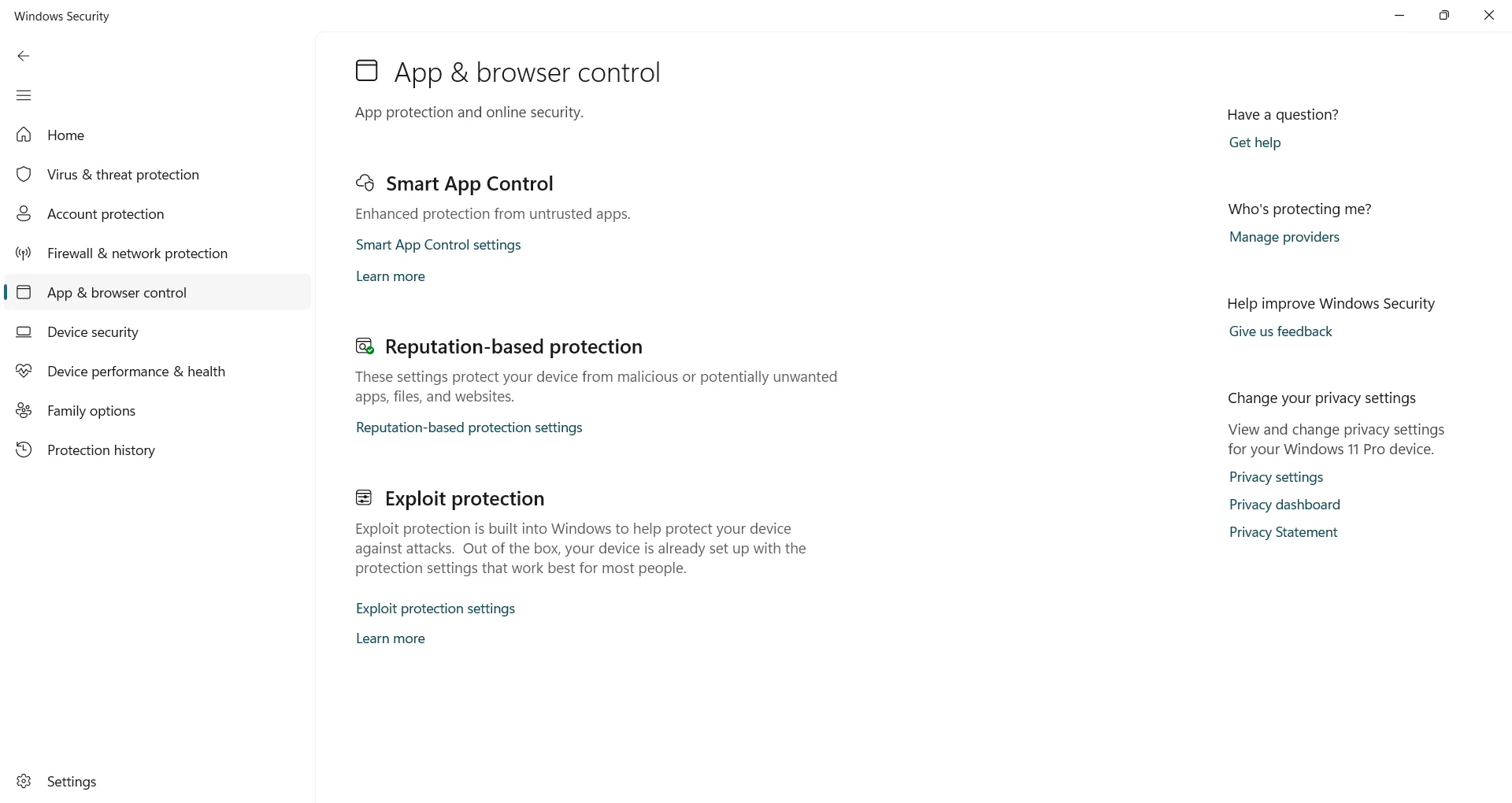 Mở cài đặt Exploit Protection trong Windows Security