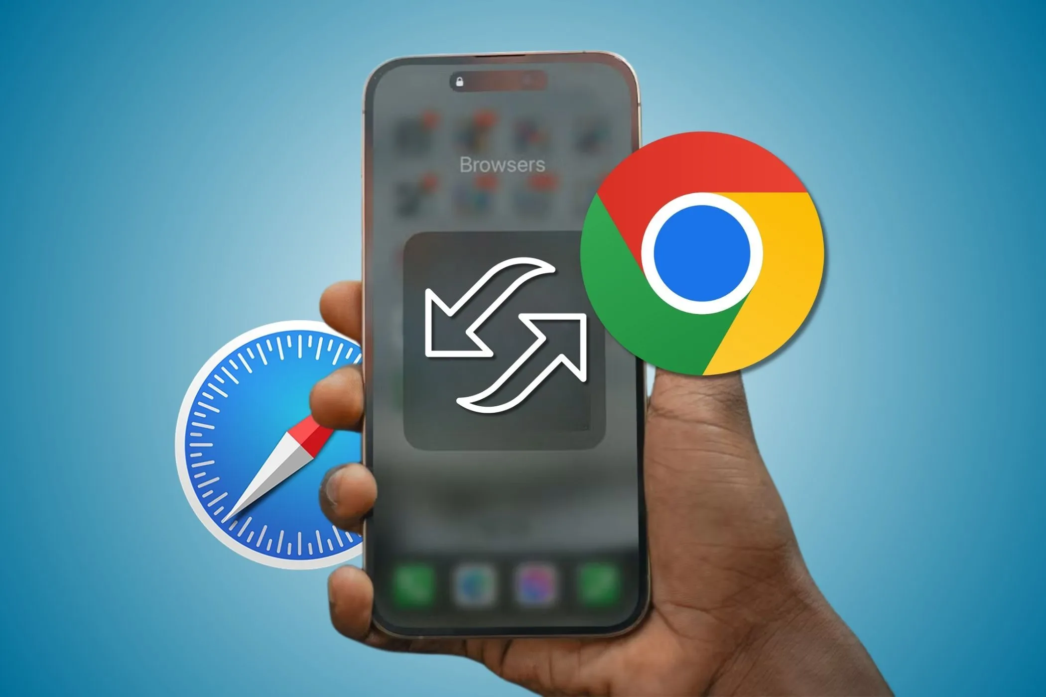 Một chiếc iPhone trên tay hiển thị mũi tên chuyển đổi giữa biểu tượng Chrome và Safari, tượng trưng cho việc lựa chọn trình duyệt web thay thế.