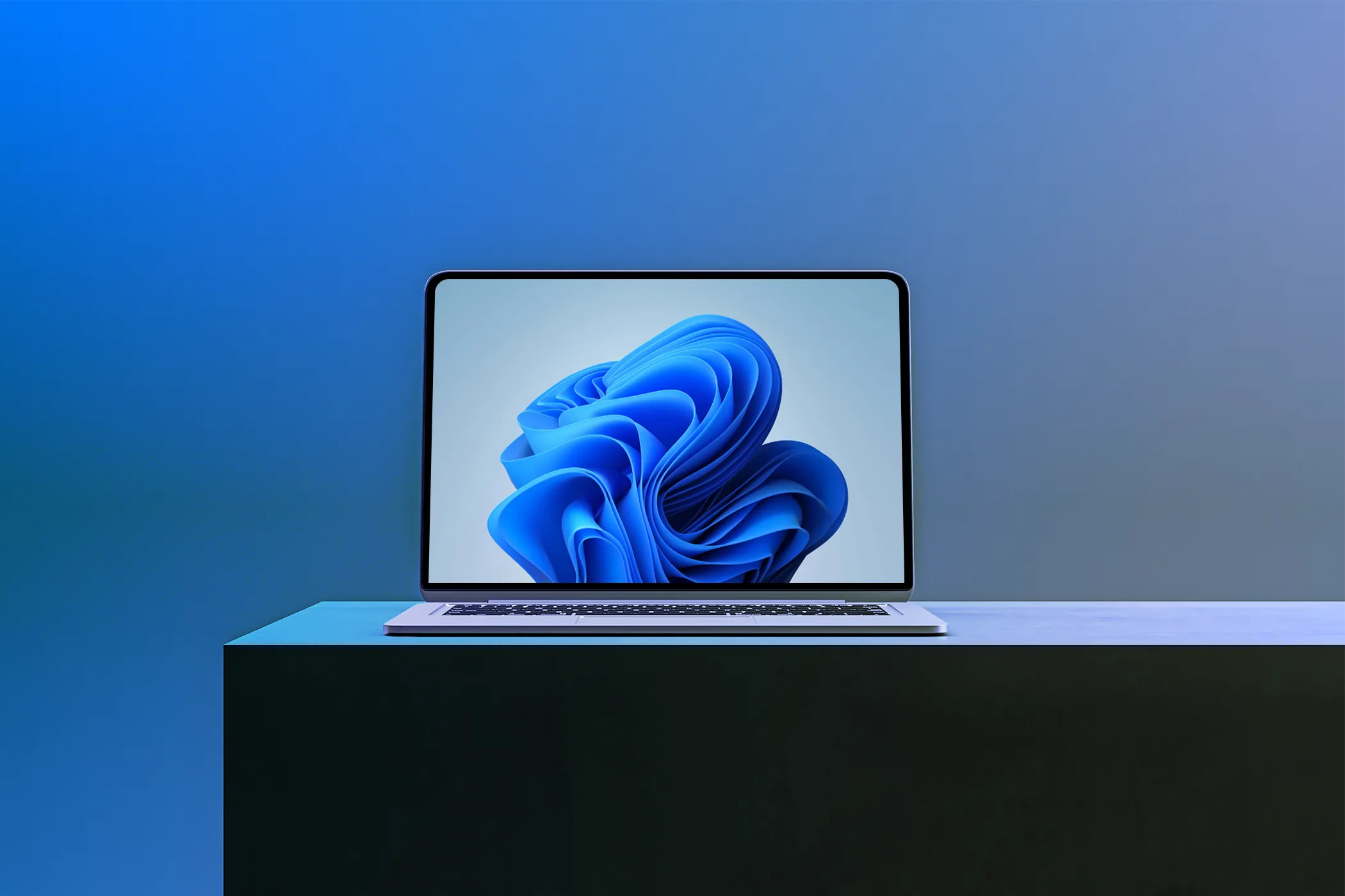 Một chiếc laptop đang hiển thị hình nền Windows 11 trên màn hình độ phân giải cao, minh họa chất lượng hiển thị sắc nét.