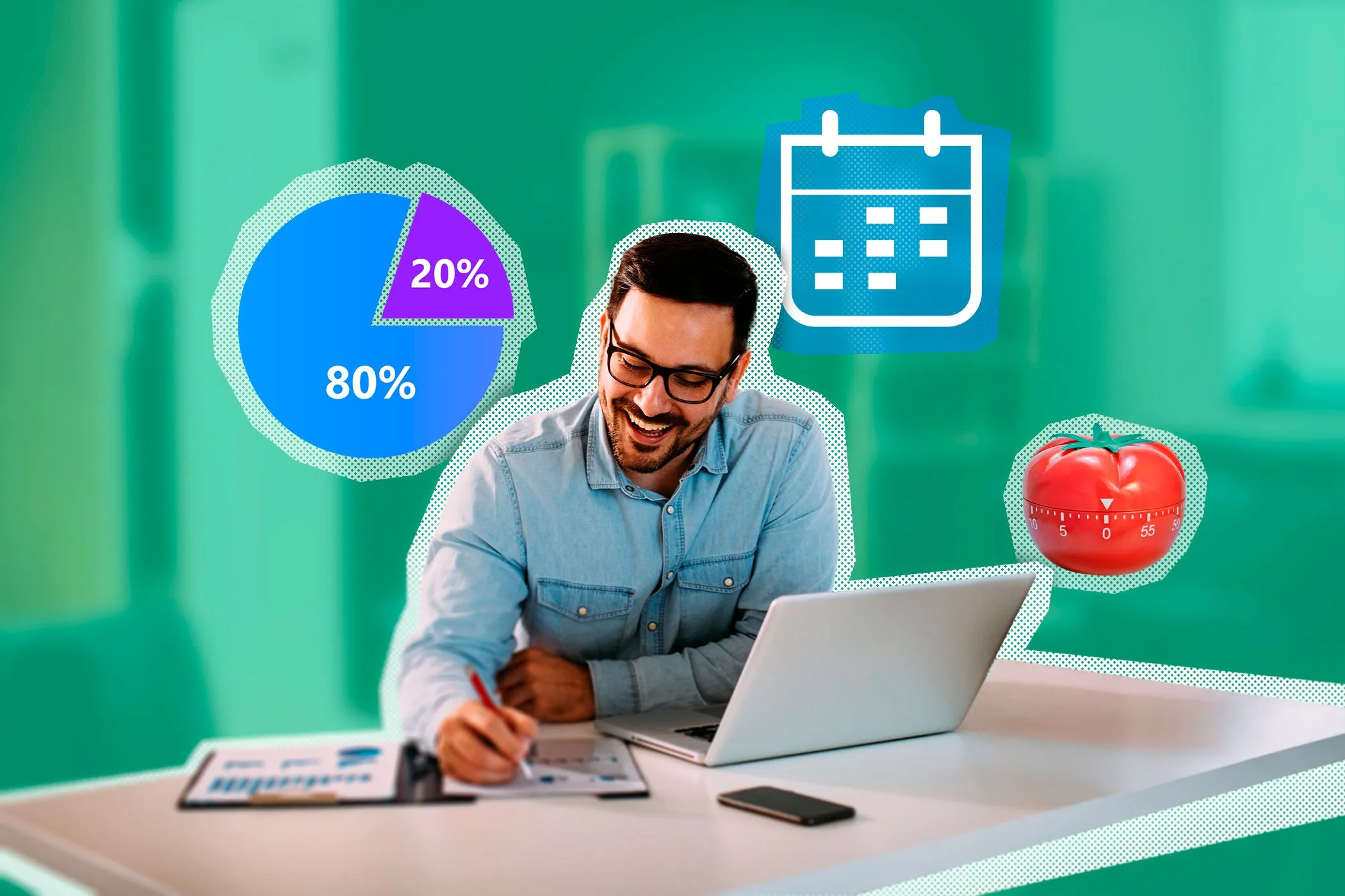Một người đàn ông làm việc trên máy tính xách tay với Pomodoro và biểu đồ năng suất xung quanh