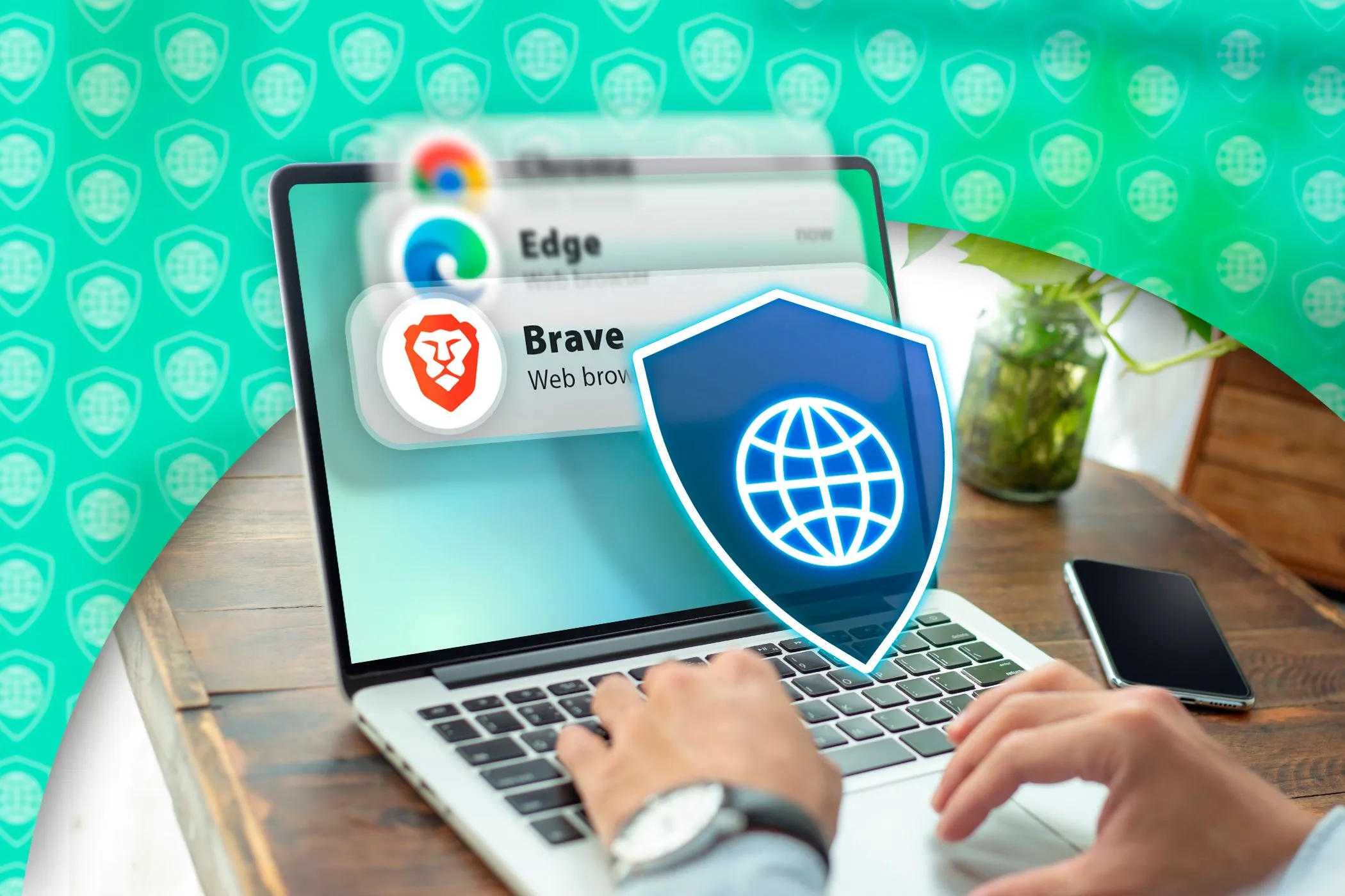 Một người đang sử dụng laptop với các biểu tượng trình duyệt web và icon bảo mật hiển thị trên màn hình, tượng trưng cho việc cập nhật trình duyệt thường xuyên là yếu tố then chốt để bảo vệ khỏi các lỗ hổng bảo mật.