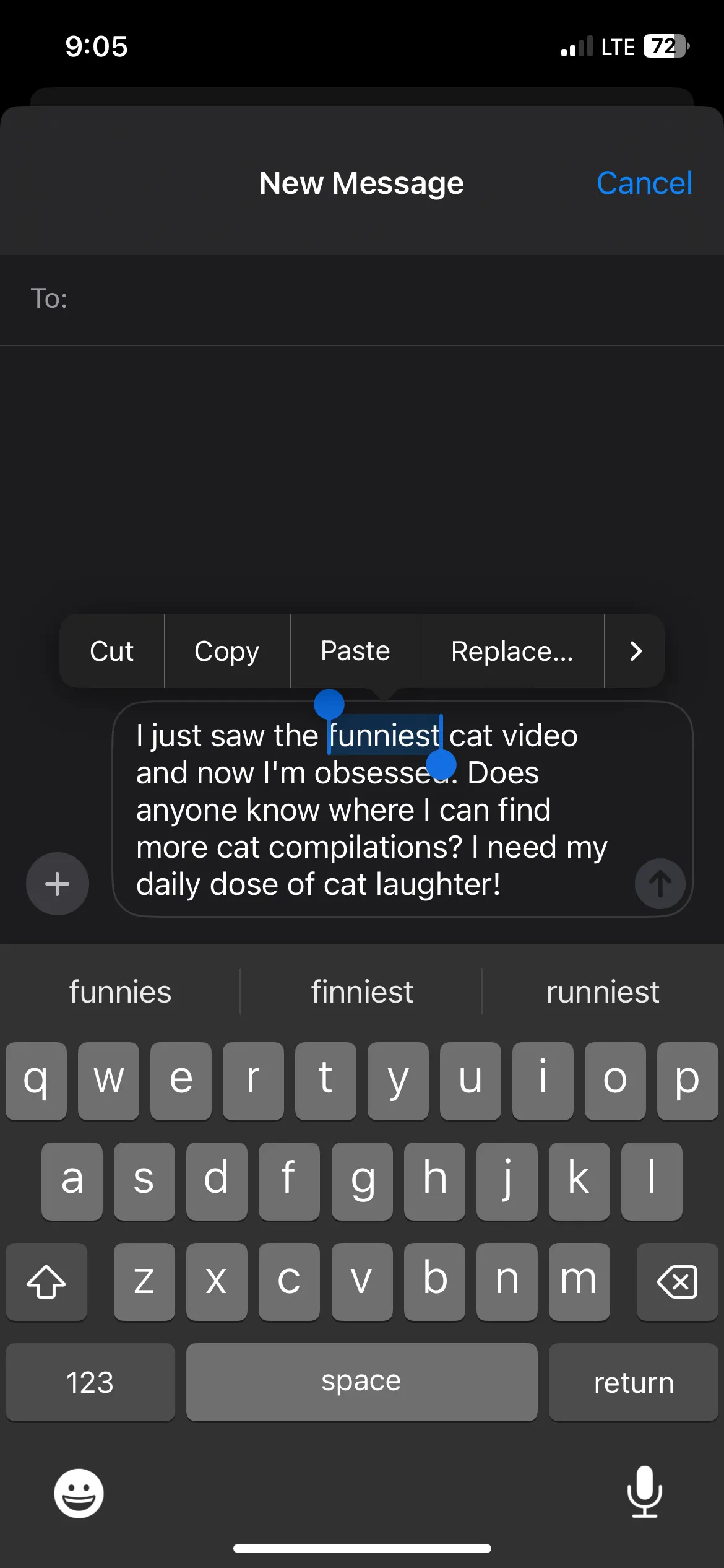 Một từ đơn được chọn trên bàn phím iPhone