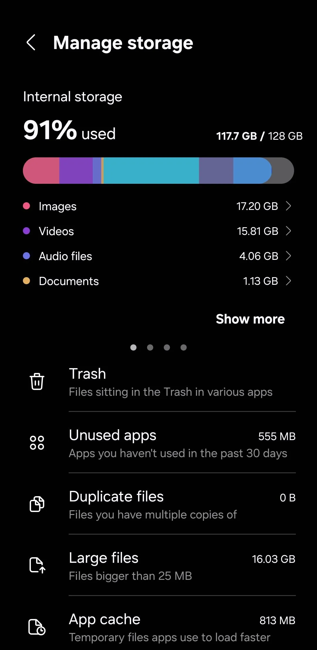 Mục &quot;Tệp lớn&quot; trong cài đặt bộ nhớ của điện thoại Samsung để tìm video dung lượng cao