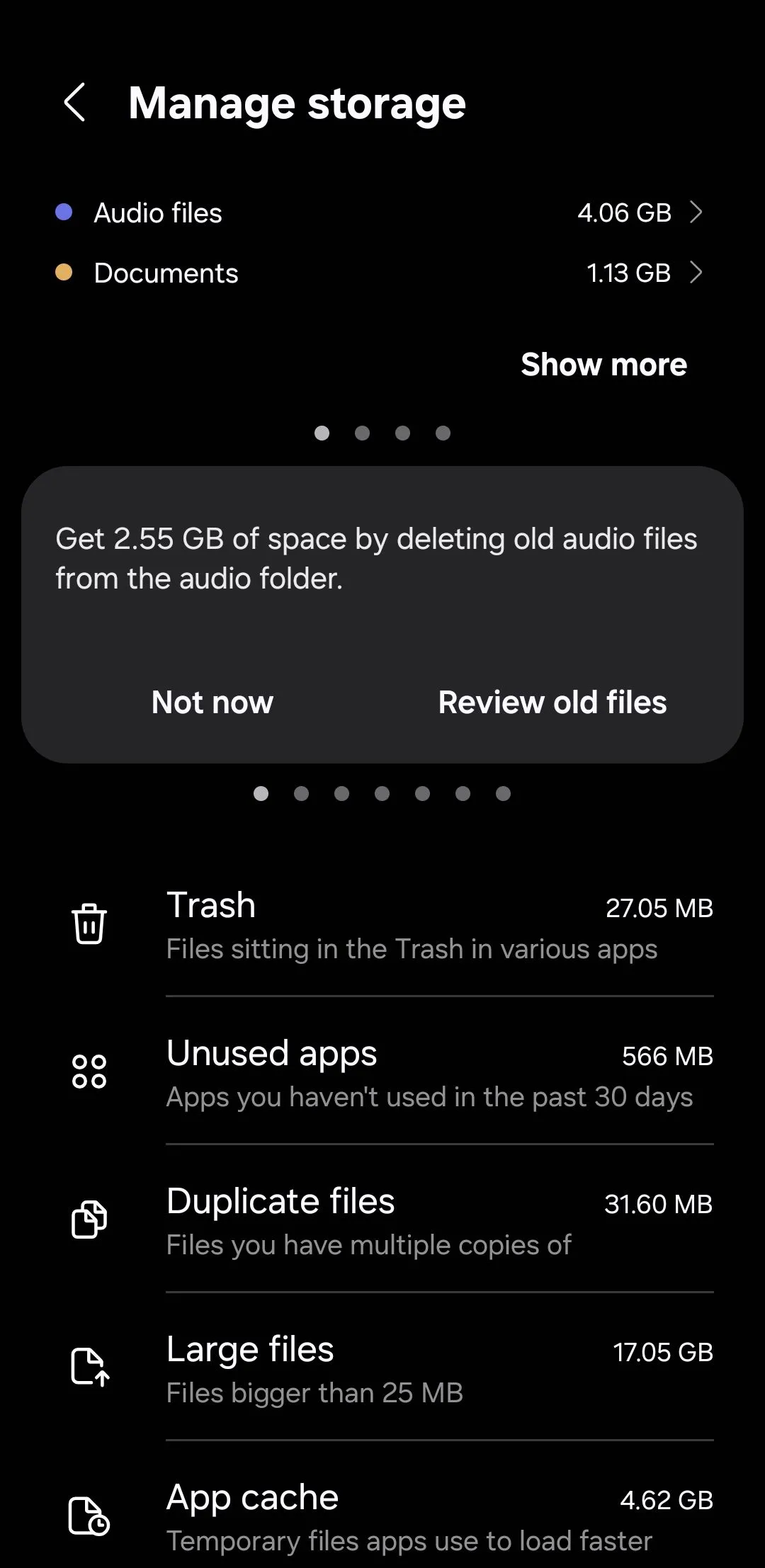 Mục &quot;Tệp trùng lặp&quot; trong cài đặt bộ nhớ của điện thoại Samsung One UI