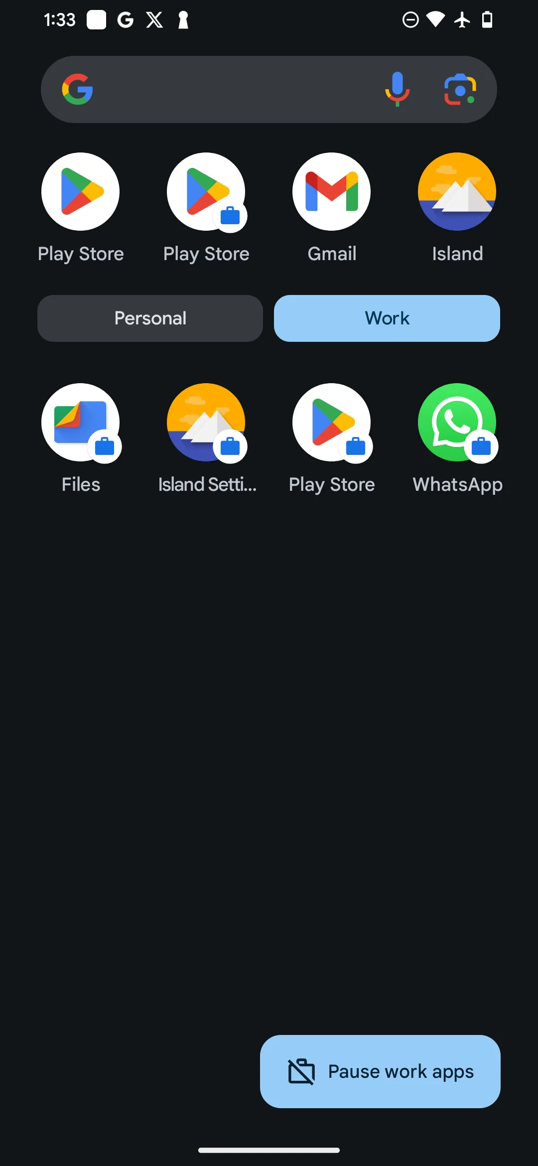 Ngăn kéo ứng dụng Android hiển thị phần &quot;Hồ sơ công việc&quot; với các ứng dụng đã được nhân bản bởi Island