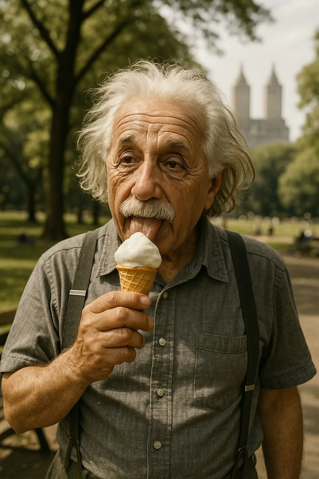 Người đàn ông giống Einstein ăn kem tại Central Park, thể hiện sự chân thực tuyệt vời của AI tạo ảnh ChatGPT 4o