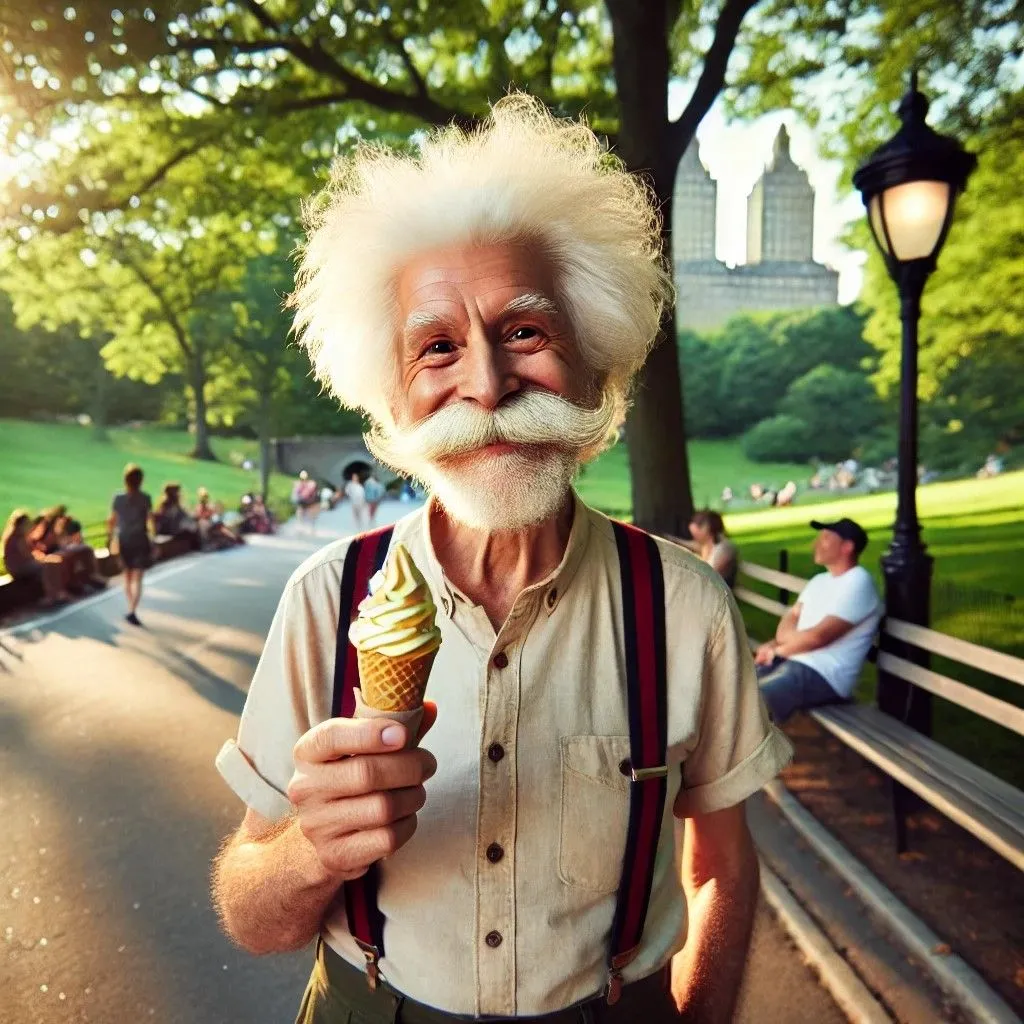 Người đàn ông giống Einstein ăn kem tại Công viên Trung tâm, minh họa khả năng tái tạo nhân vật lịch sử của DALL-E