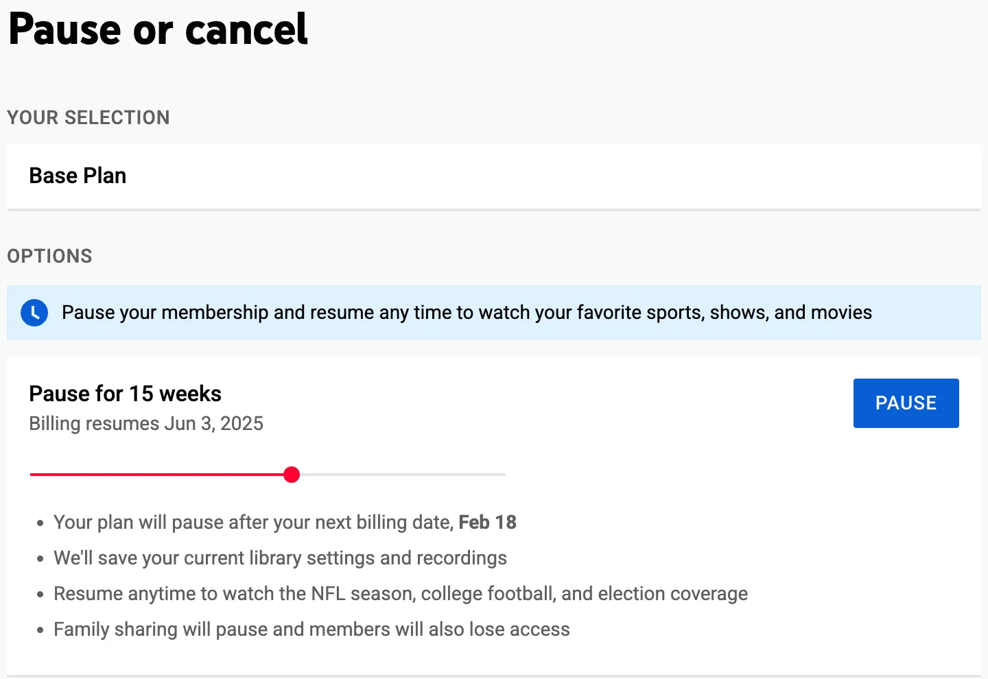 Người dùng có thể tạm dừng gói đăng ký YouTube TV tối đa sáu tháng