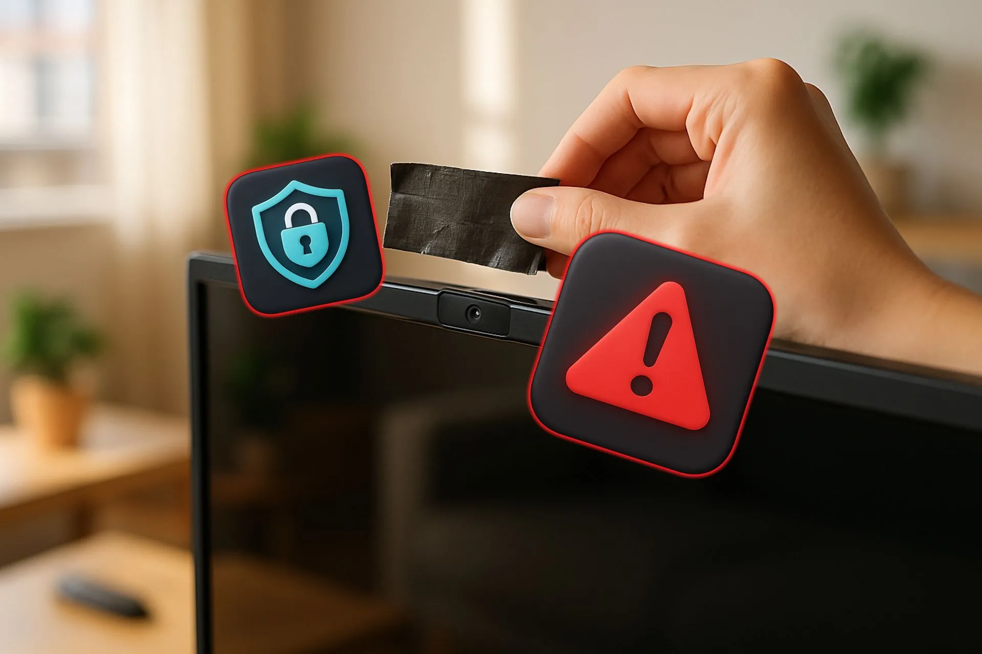 Người dùng dán băng dính che camera tích hợp trên Smart TV để đảm bảo quyền riêng tư và bảo mật không gian sống.