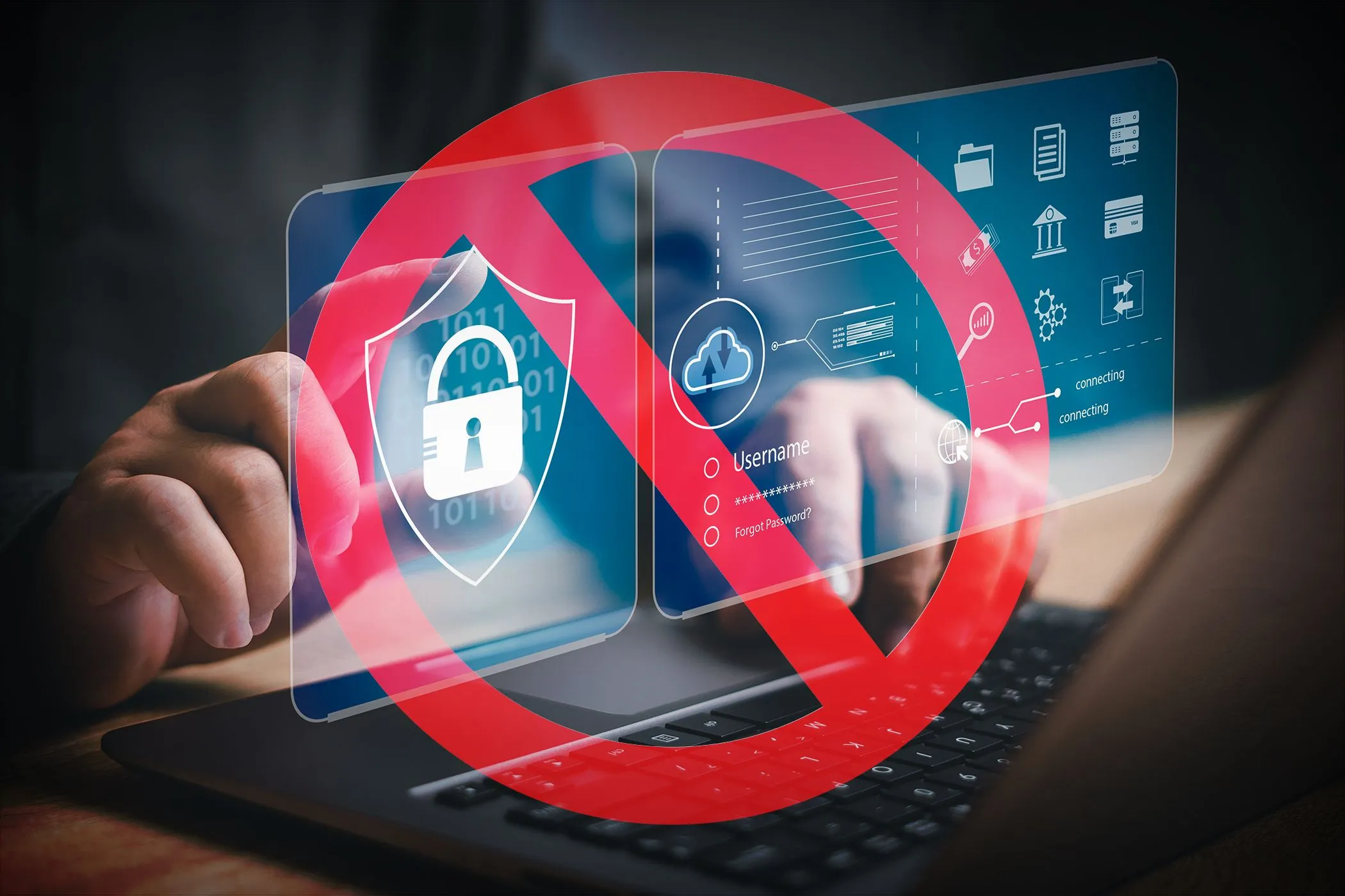 Người dùng đang gõ phím trên laptop với biểu tượng cấm đỏ che phủ các icon bảo mật, minh họa rủi ro tiện ích mở rộng trình duyệt độc hại có thể đánh cắp dữ liệu mật khẩu.