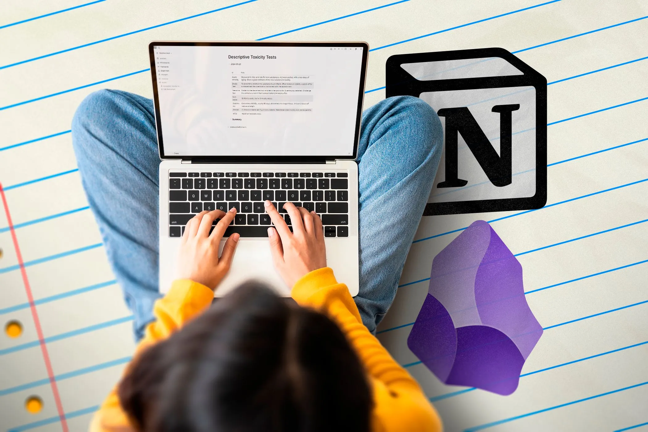 Người dùng sử dụng laptop với Logseq trên màn hình, cạnh các logo Notion và Obsidian, thể hiện tính linh hoạt của phương pháp ghi chú dàn ý trên nhiều ứng dụng.