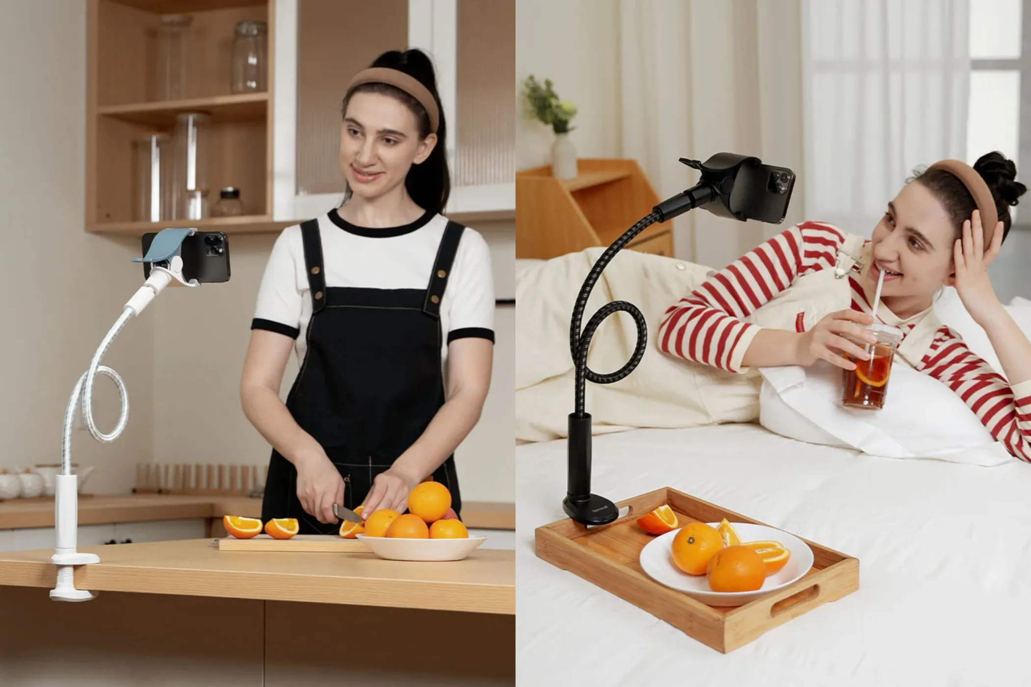 Người dùng trải nghiệm giá đỡ điện thoại cổ ngỗng Lamicall khi nấu ăn và thư giãn