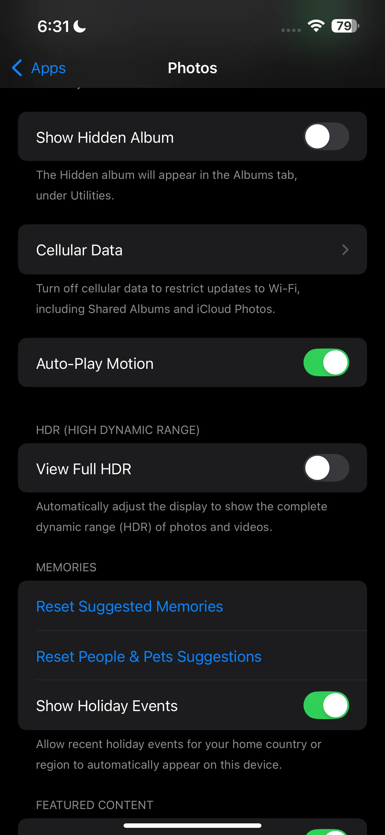 Phần cài đặt ứng dụng Ảnh trong Cài đặt iPhone