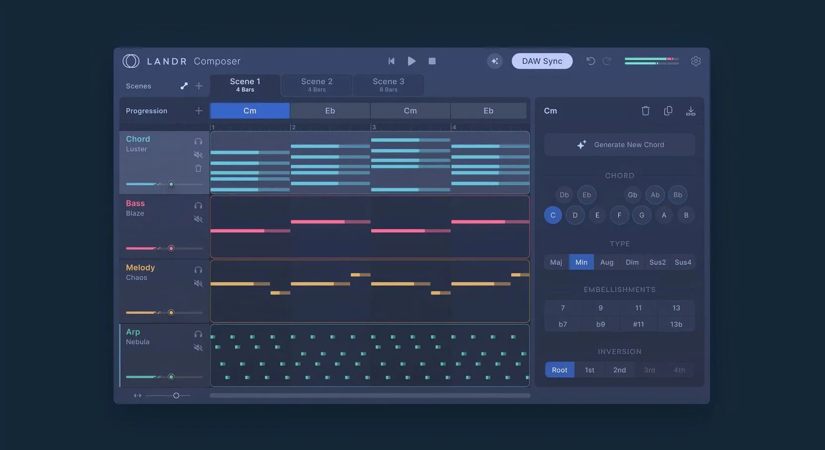Plugin LANDR Composer trong một DAW hiển thị các thành phần bài hát và tùy chỉnh