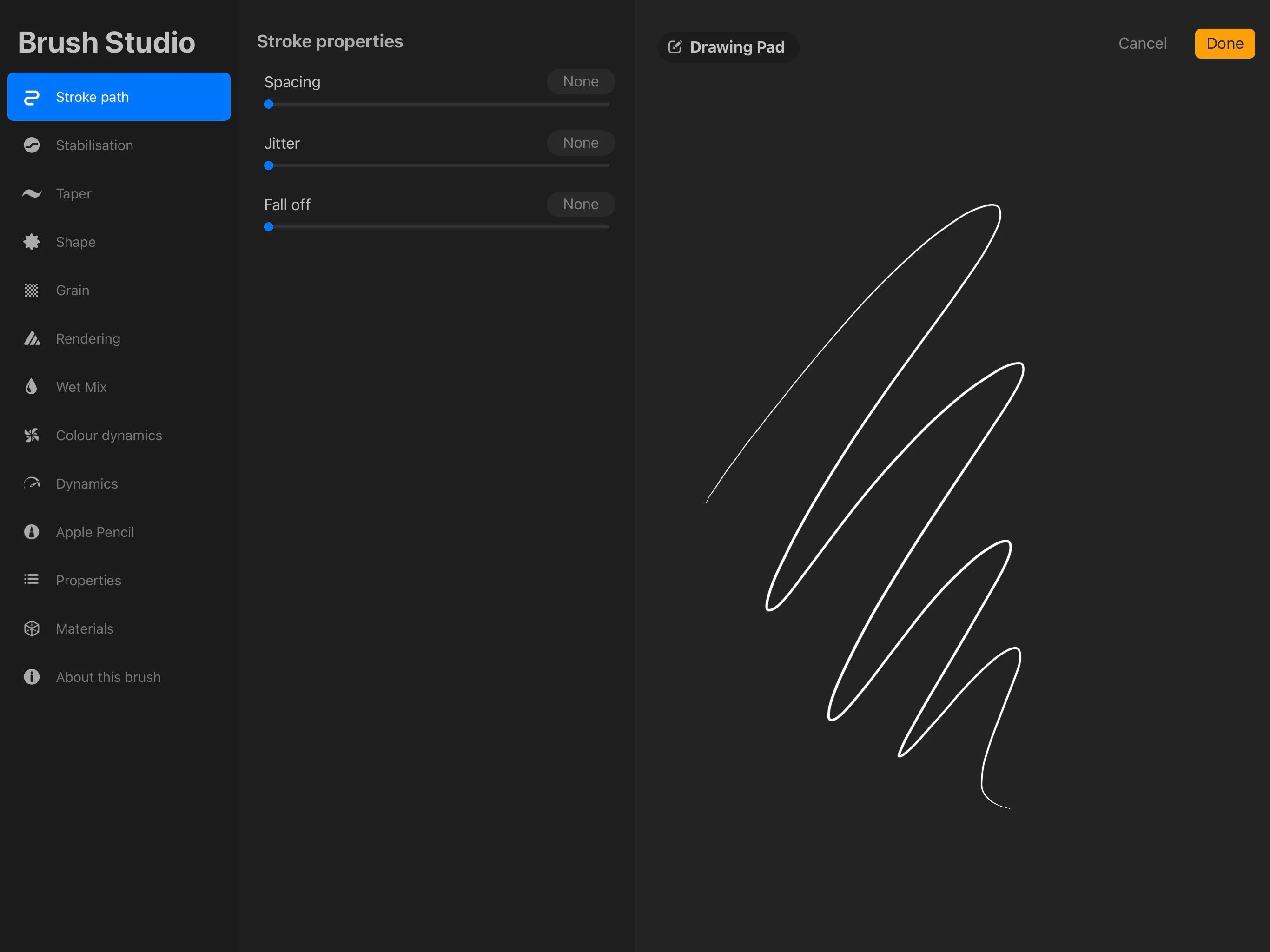 Procreate interface with custom brush library open, showing various brush types and a color palette tool.