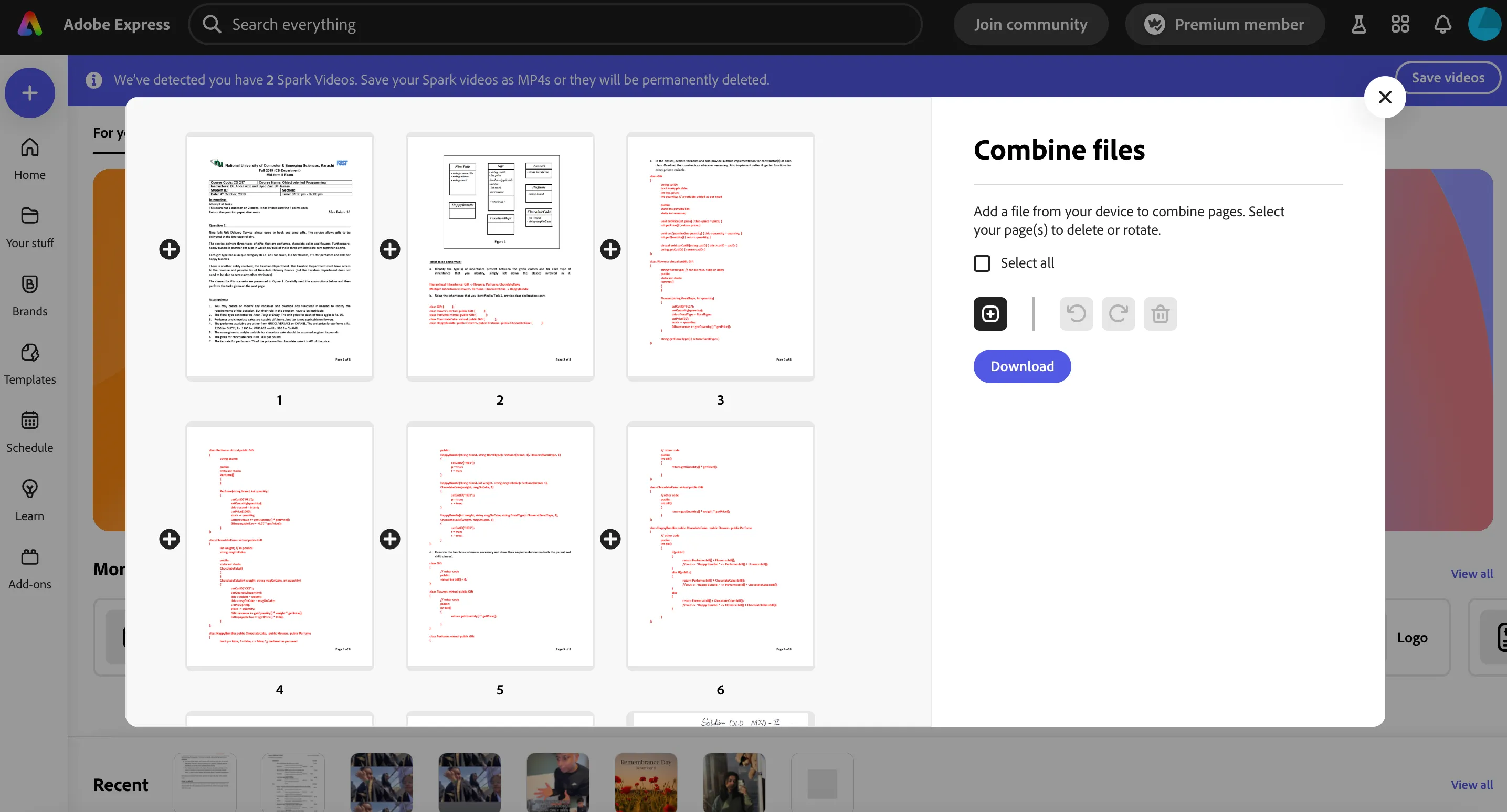 Quick Action &quot;Combine Files&quot; trong Adobe Express