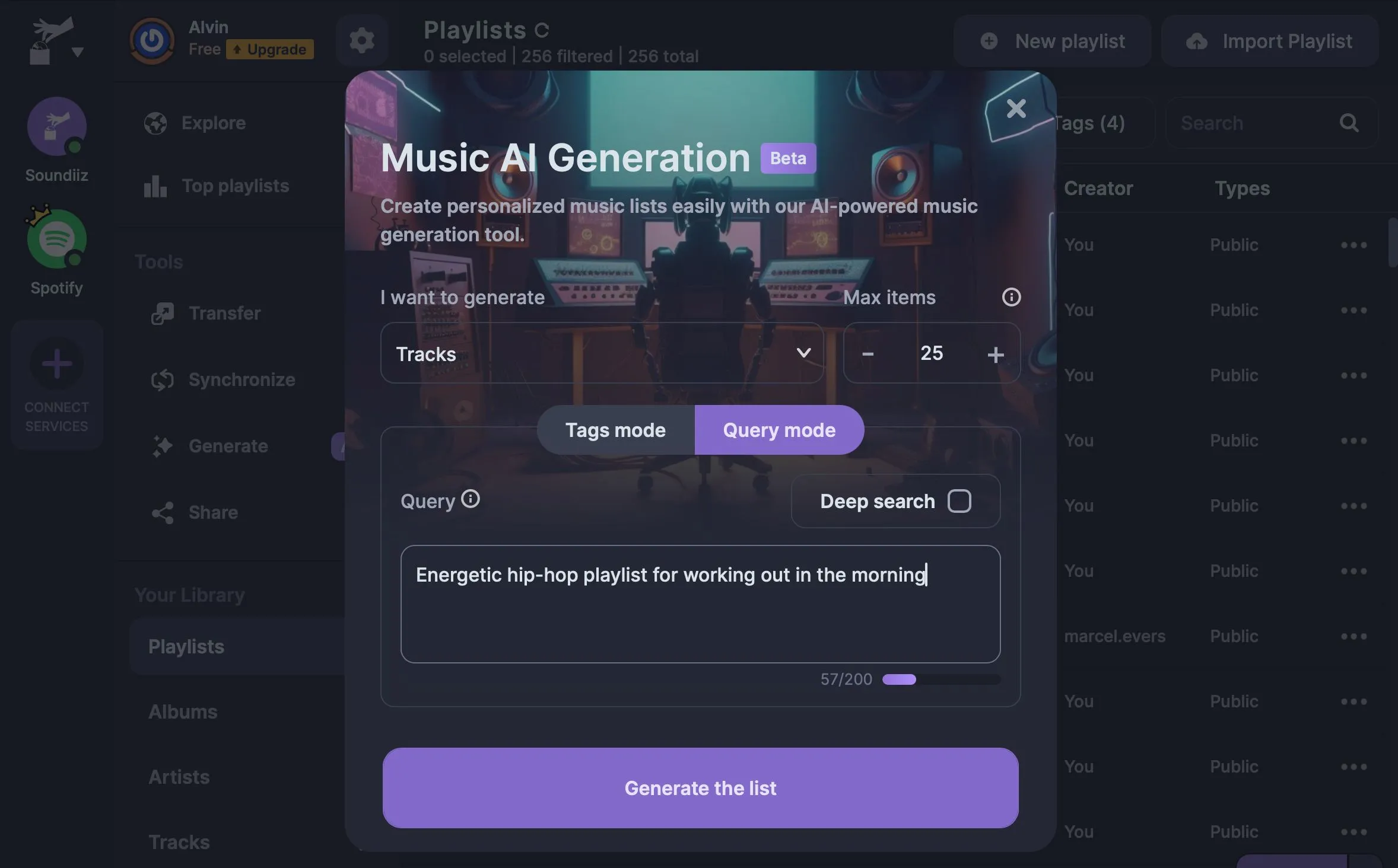 Quy trình tạo playlist tự động bằng AI trên Soundiiz
