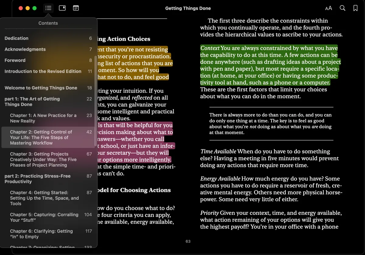 Sách &quot;Getting Things Done&quot; hiển thị trong ứng dụng Apple Books, minh họa việc đánh dấu và tương tác chủ động khi đọc để ghi nhớ kiến thức.