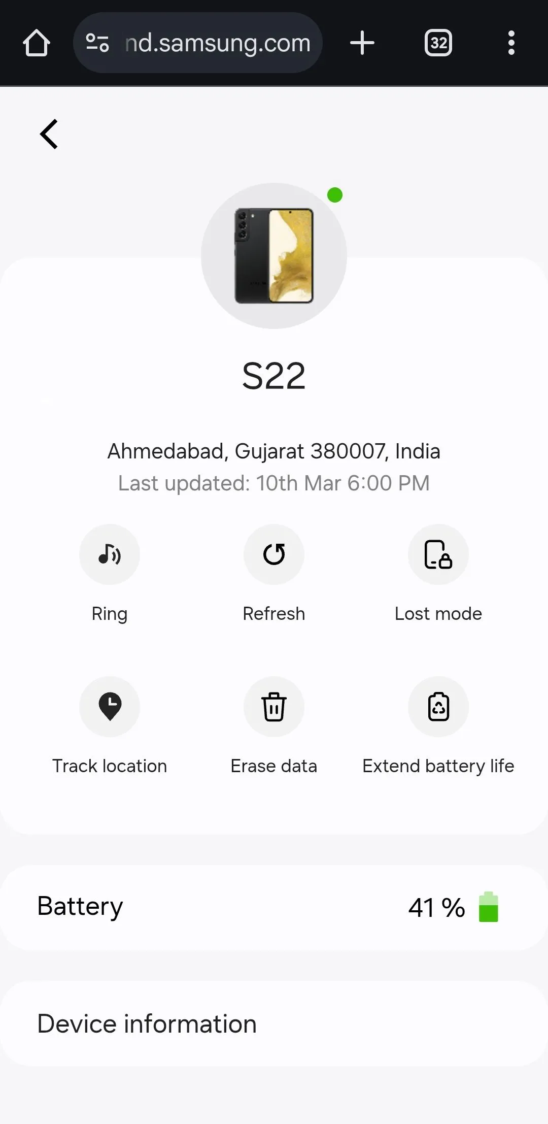 Samsung SmartThings Find hiển thị các tùy chọn trong trình duyệt Android