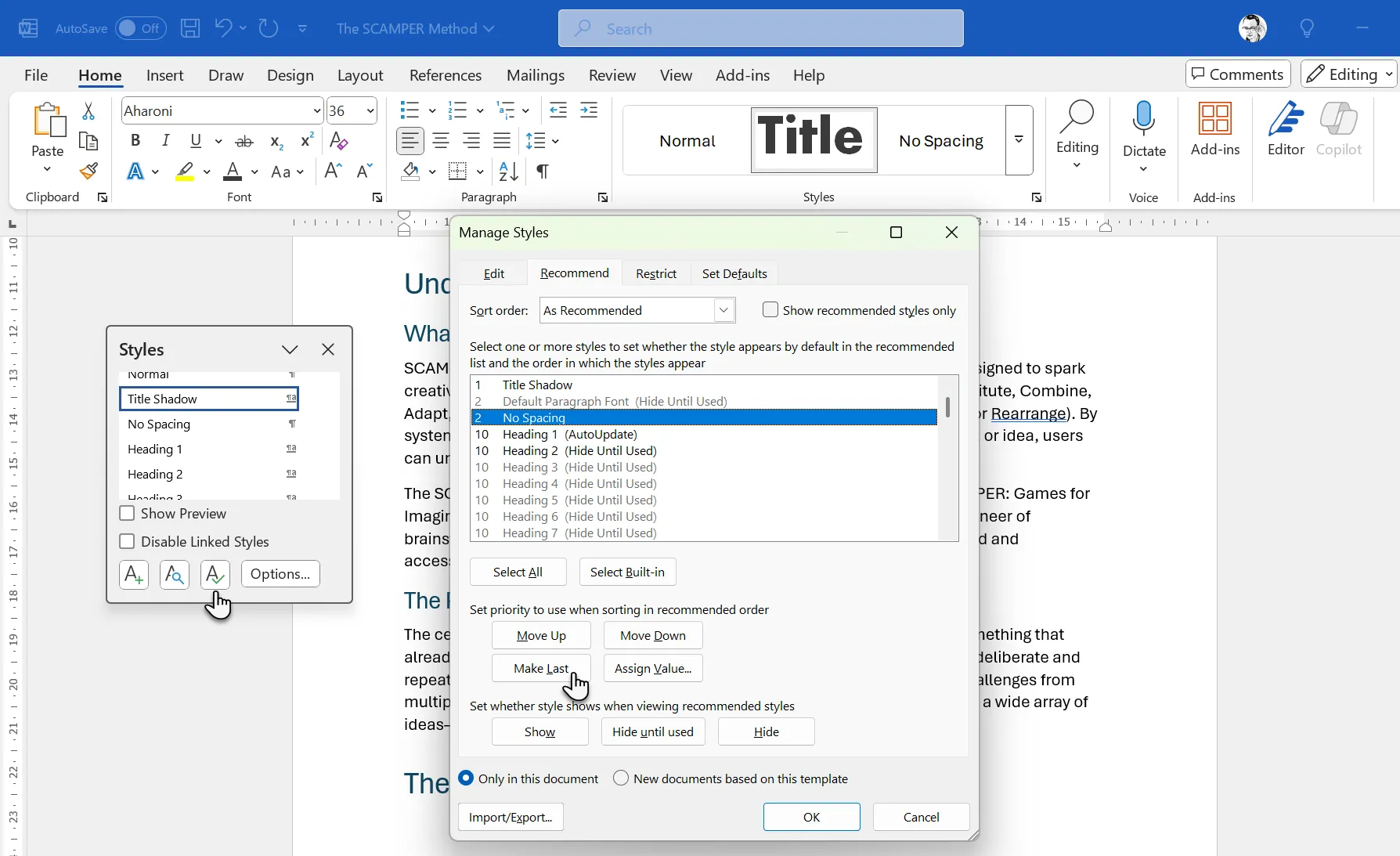 Sắp xếp lại thứ tự các kiểu định dạng (Styles) trong Styles Gallery của Microsoft Word thông qua hộp thoại Manage Styles.