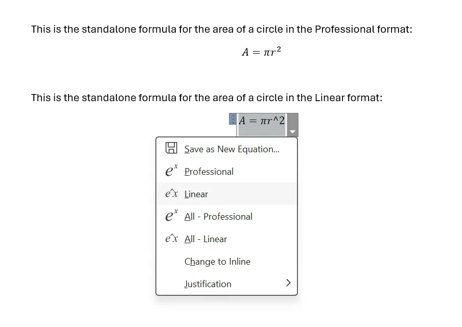 So sánh cách hiển thị công thức toán học giữa định dạng Professional và Linear trong Microsoft Word.