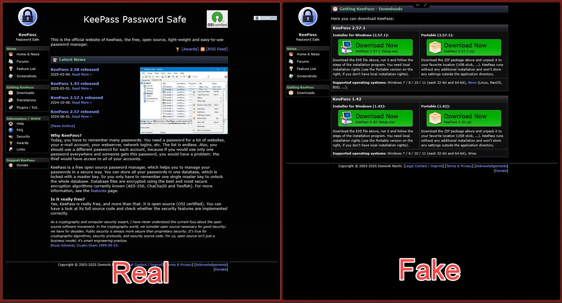 So sánh giao diện website KeePass chính thức và website giả mạo phân phối mã độc KeeLoader
