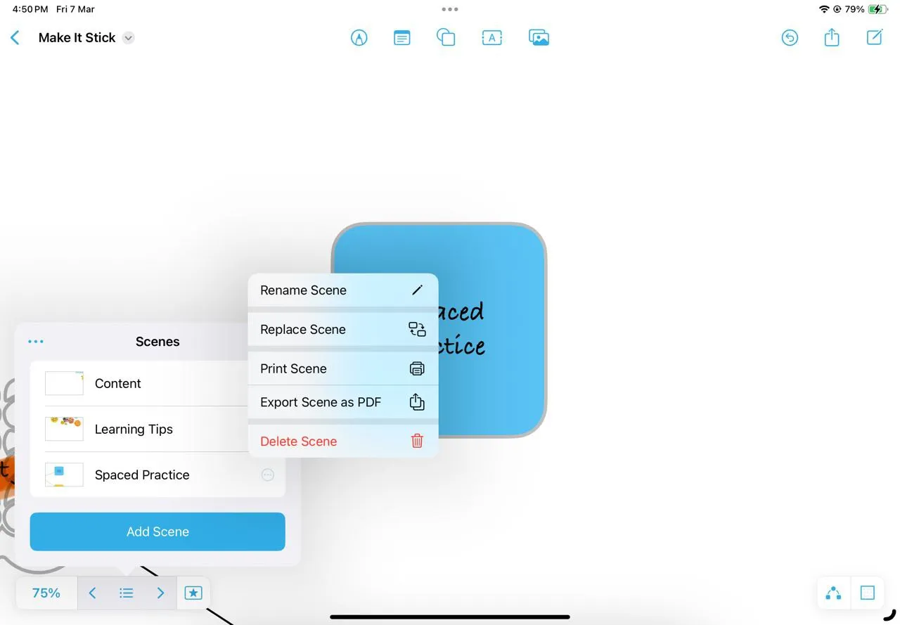 Sử dụng tính năng Scenes Navigator của Freeform để điều hướng nhanh chóng giữa các phần ghi chú chính