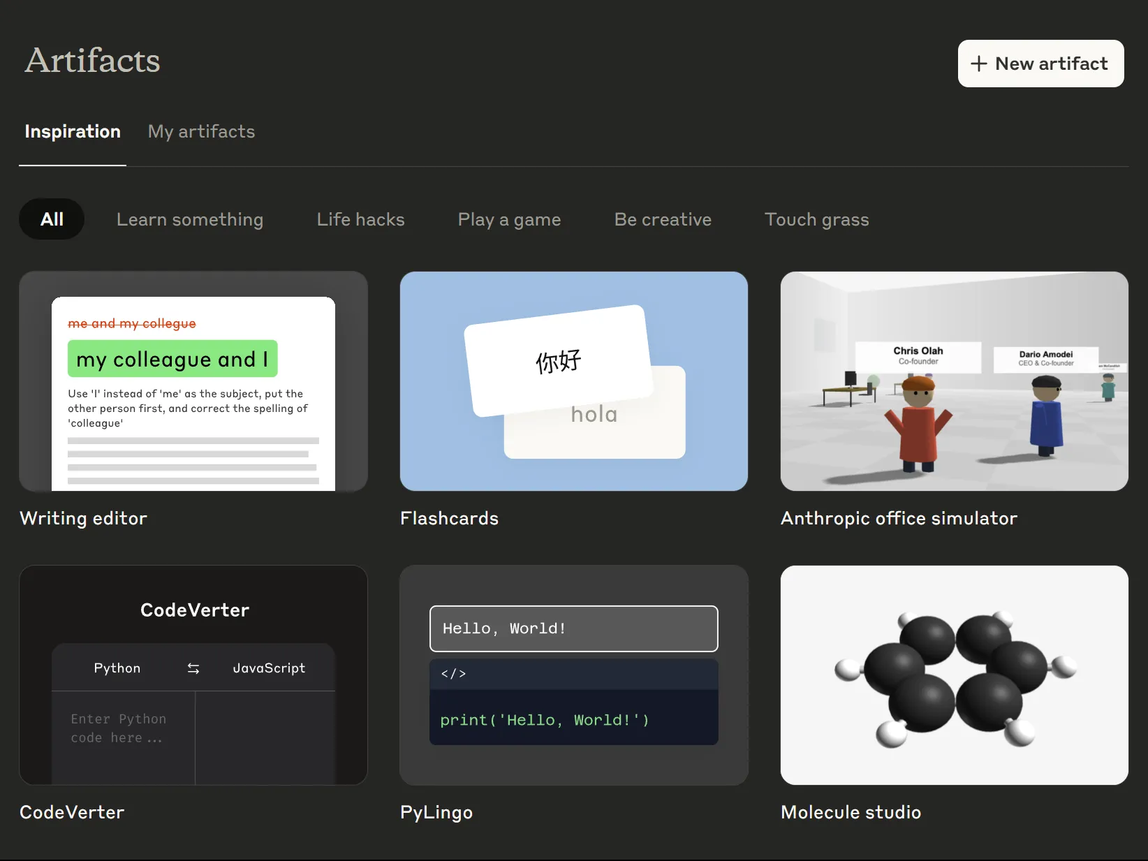 Tab &quot;Inspiration&quot; trong mục Artifacts của Claude trên ứng dụng web