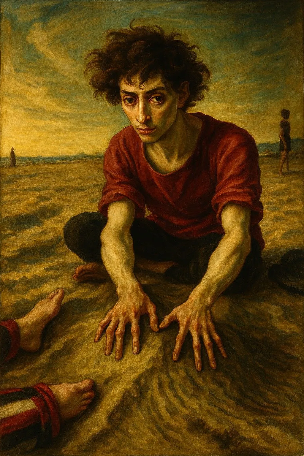 Tác phẩm nghệ thuật AI phong cách Mannerism mô tả người đàn ông ngồi trên bãi biển với chi tiết đặc trưng