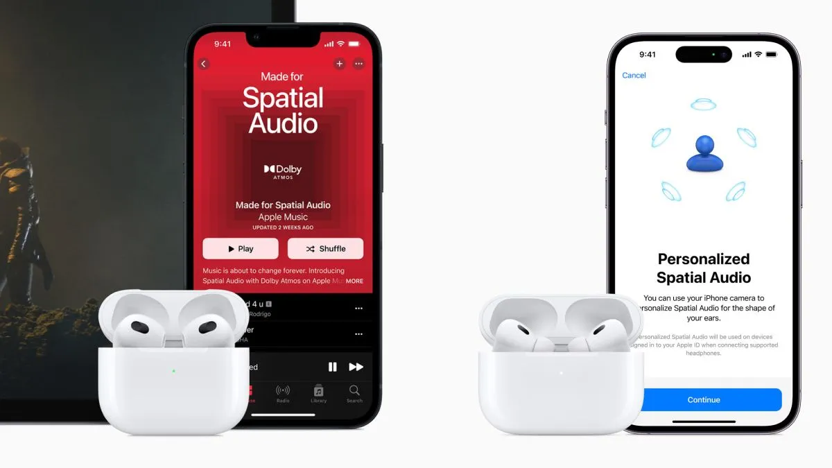 Tai nghe AirPods 3 và AirPods Pro 2 đặt cạnh iPhone 13 và iPhone 14 Pro, minh họa tính năng Âm thanh không gian (Spatial Audio).