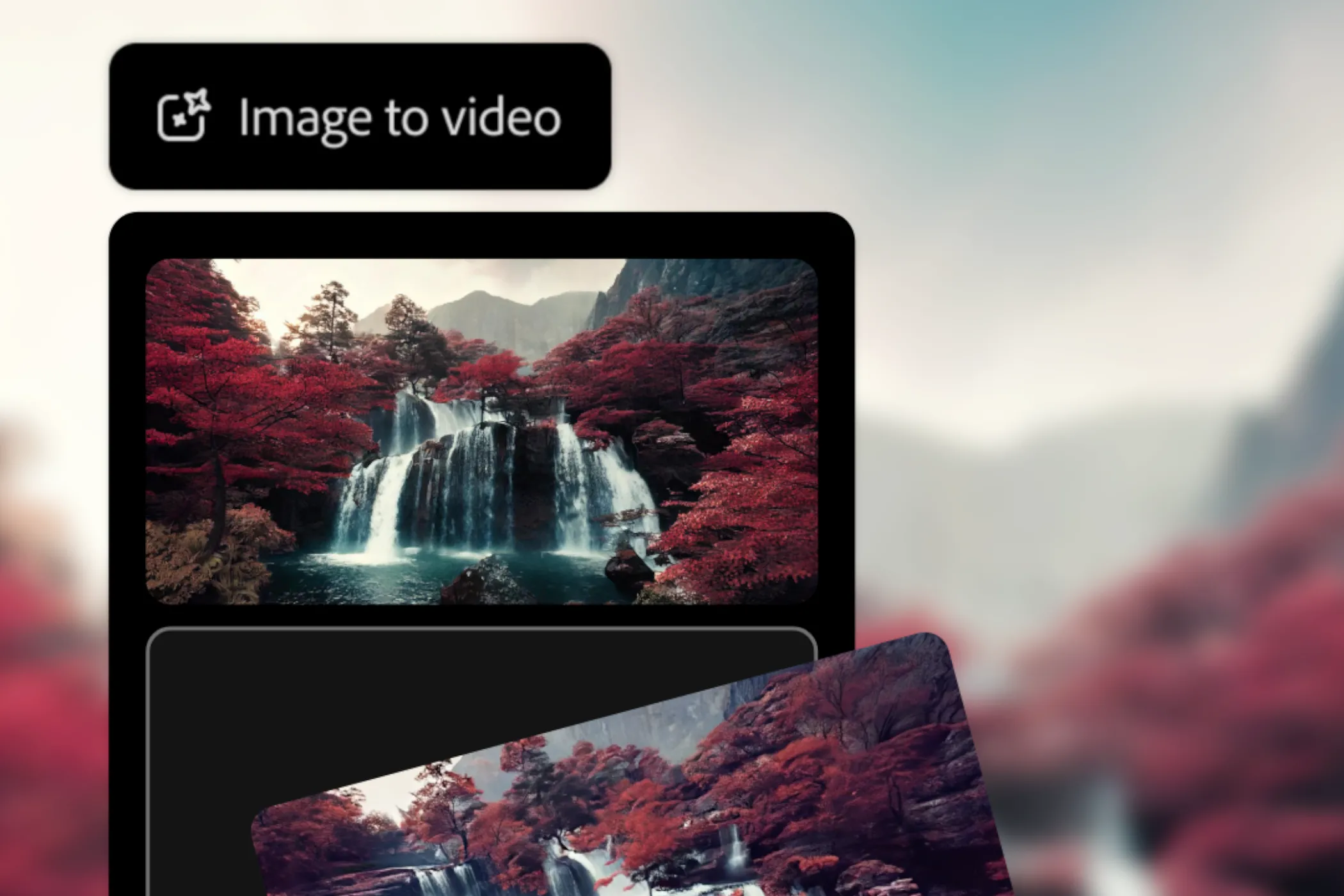 Tạo video chuyển động từ ảnh tĩnh bằng Adobe Firefly, ví dụ thác nước Nhật Bản.